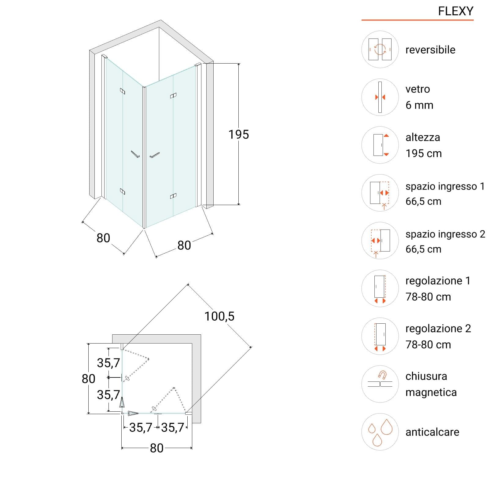 Box doccia 80x80 cm doppio soffietto vetro anticalcare trasparente e profilo nero opaco 195h - Flexy