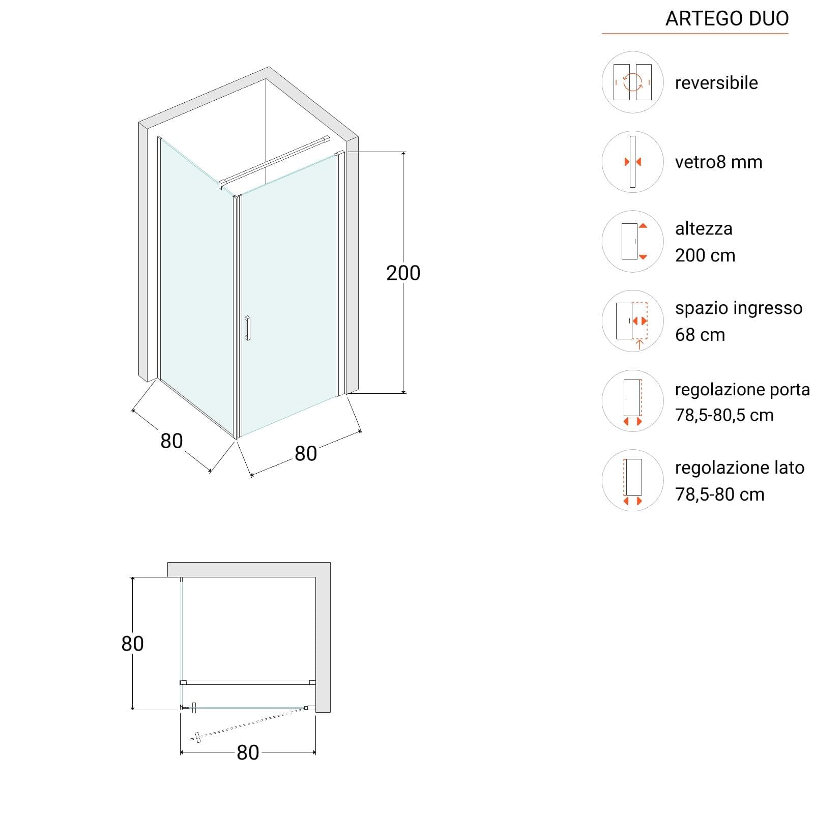 Box doccia 80X80 cm lato fisso specchiato con battente e profilo cromo 200h - Artego Duo