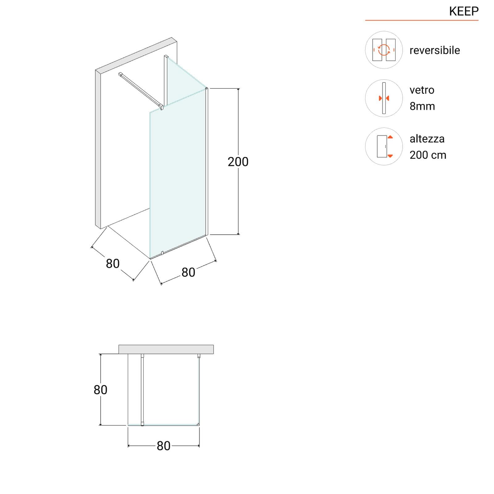 Box doccia walk-in 80x80cm angolare con vetro trasparente e profilo cromo 200h - Keep