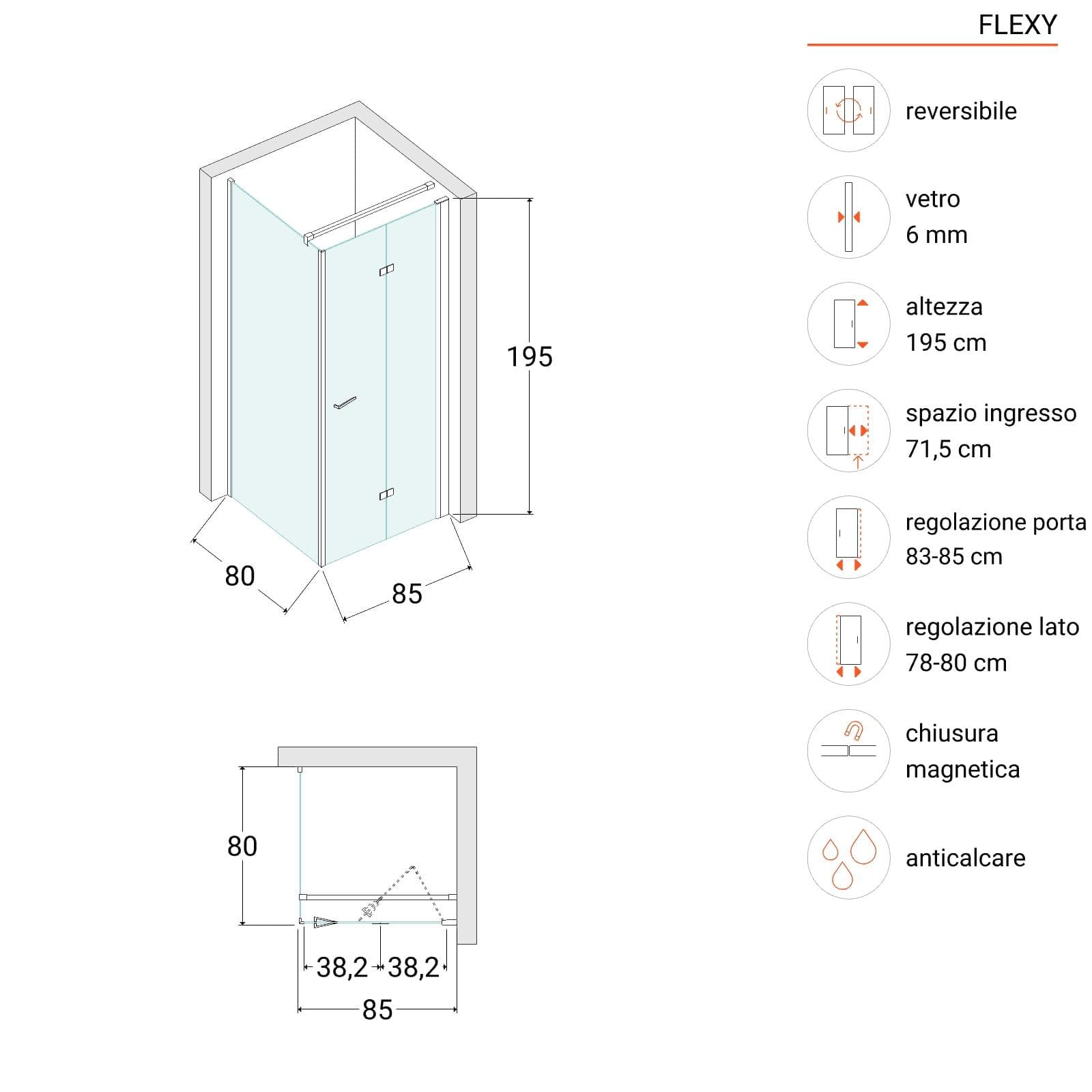 Box doccia 80x85 cm a soffietto vetro anticalcare trasparente e profilo nero opaco 195h - Flexy