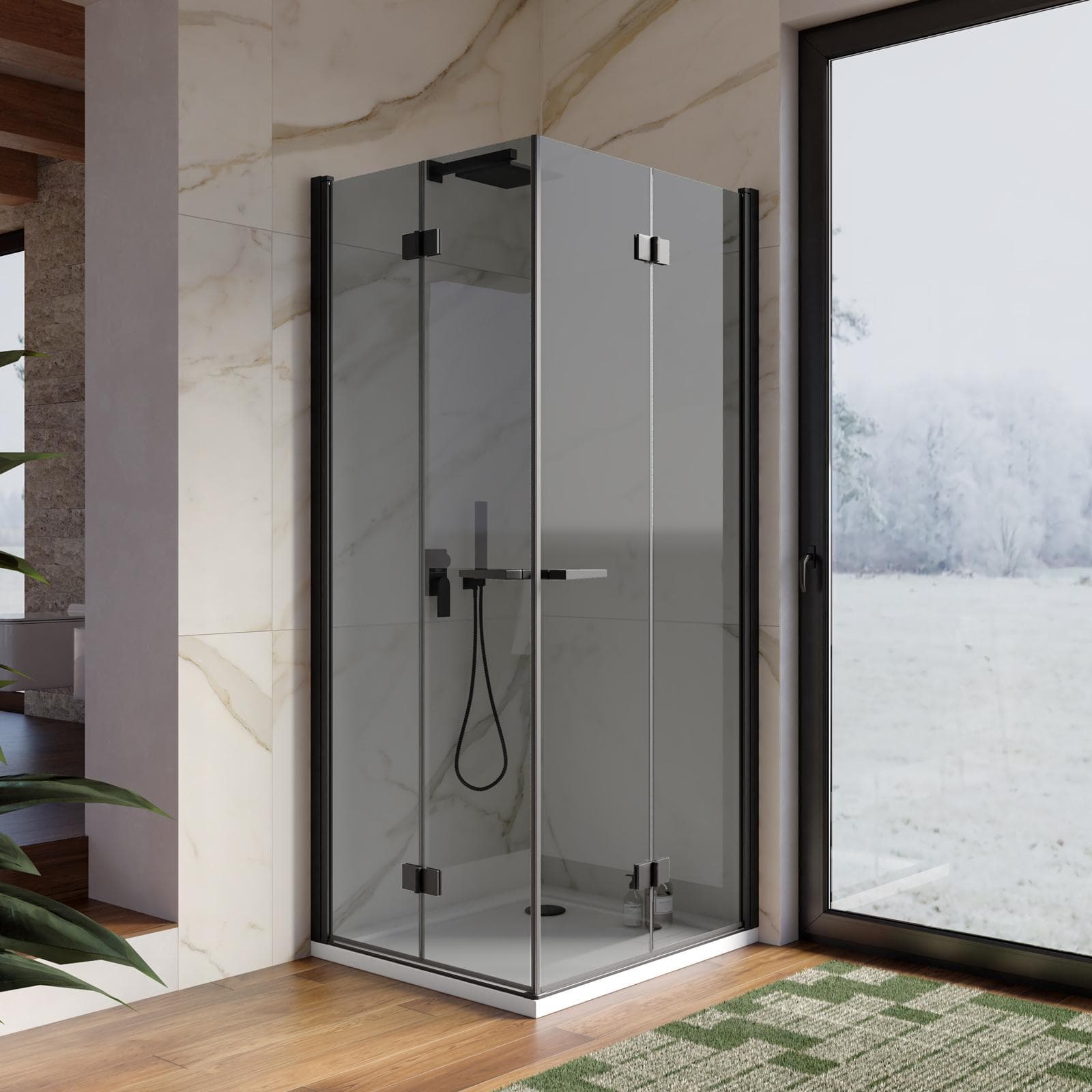Box doccia 80x85 cm doppio soffietto vetro anticalcare fumè e profilo nero opaco 195h - Flexy