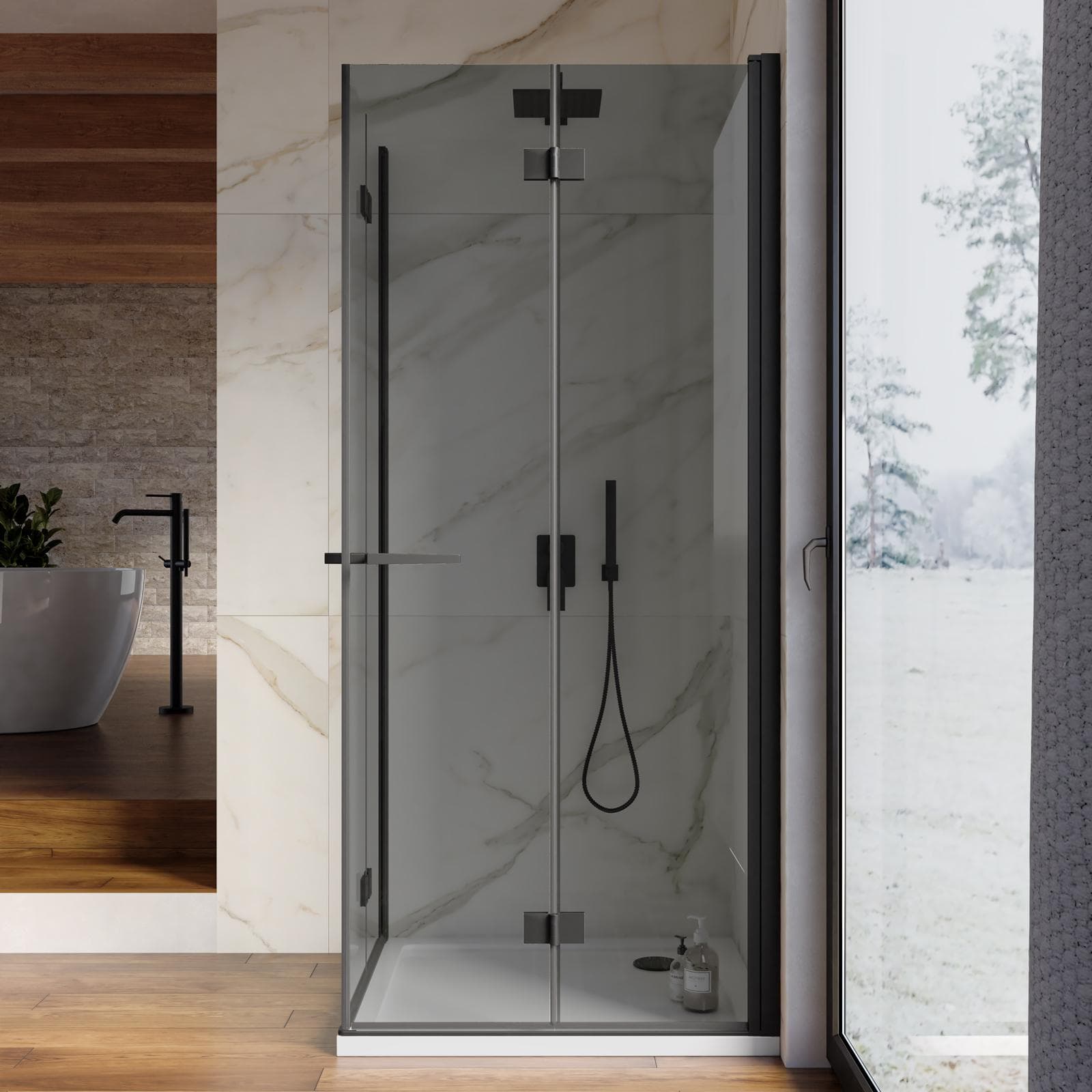 Box doccia 80x85 cm doppio soffietto vetro anticalcare fumè e profilo nero opaco 195h - Flexy