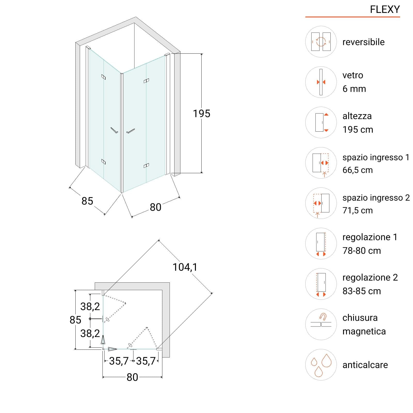 Box doccia 80x85 cm doppio soffietto vetro anticalcare fumè e profilo nero opaco 195h - Flexy