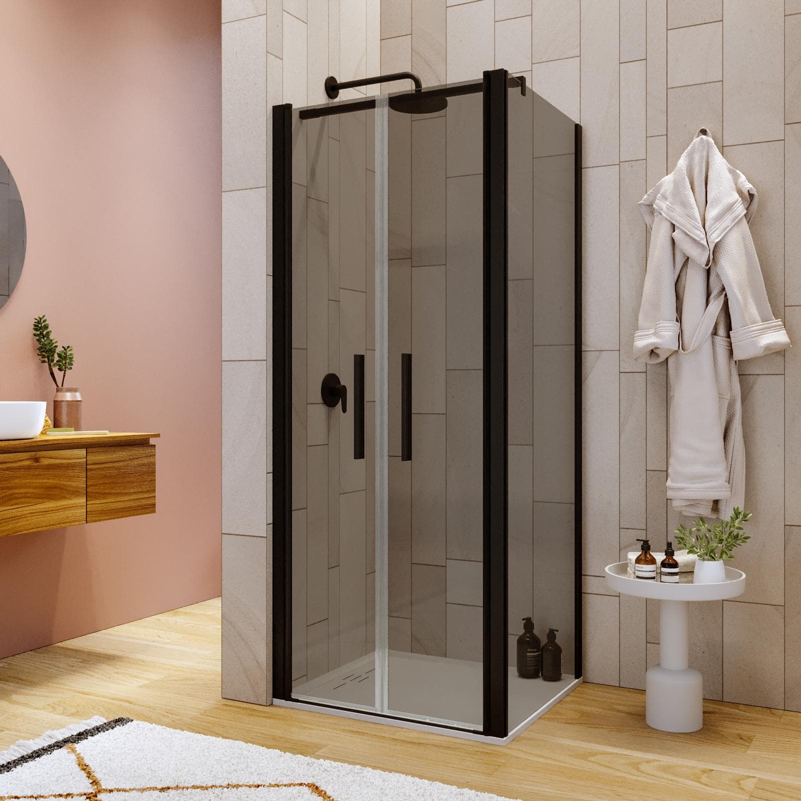 Box doccia 80x90 apertura saloon con vetro anticalcare bronzato e profilo nero 195h - Lost