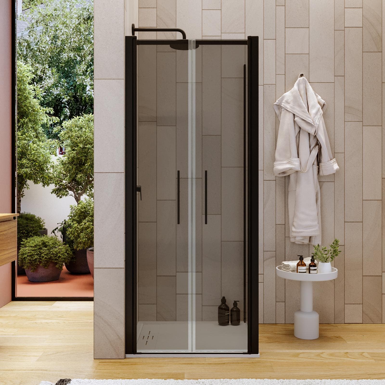 Box doccia 80x90 apertura saloon con vetro anticalcare bronzato e profilo nero 195h - Lost