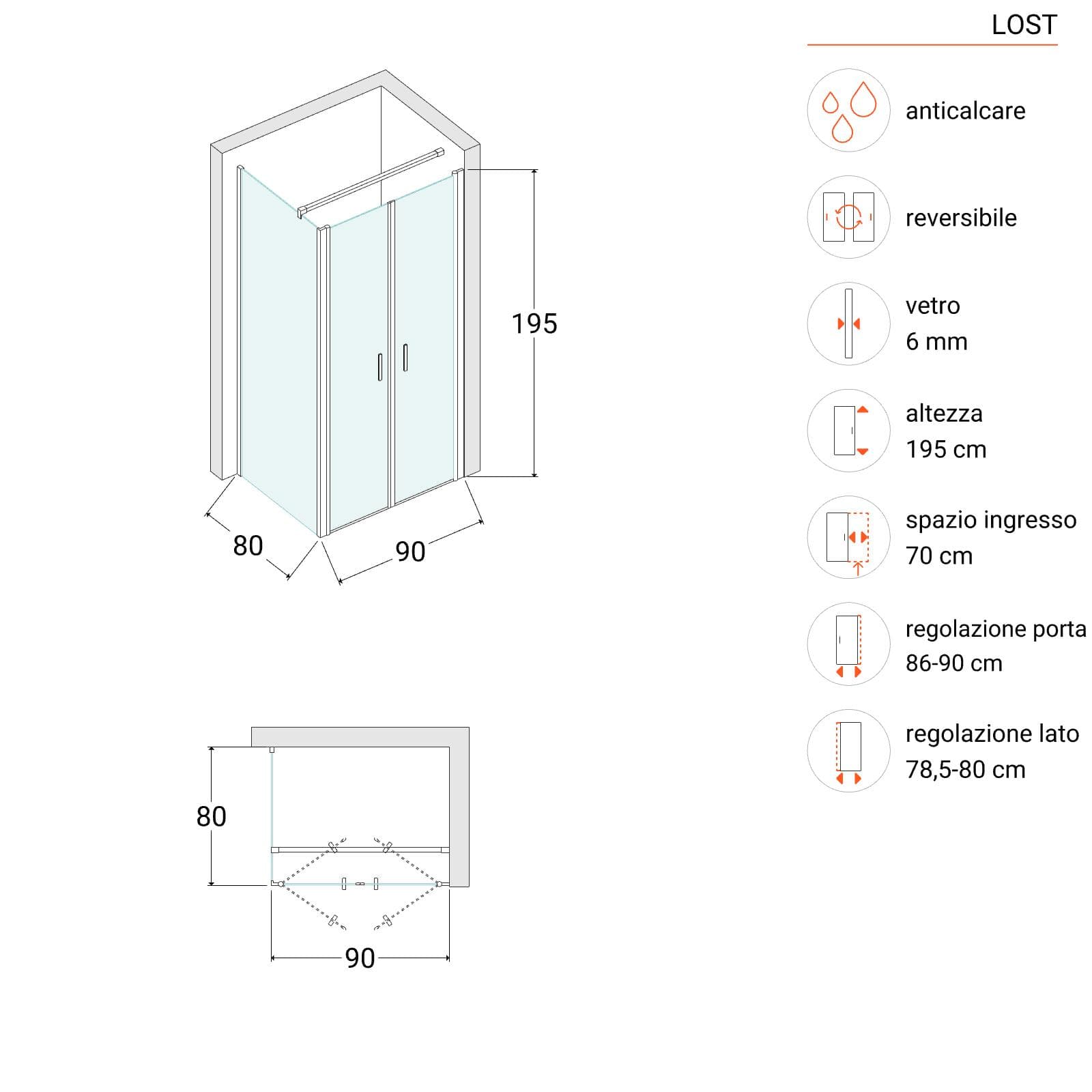 Box doccia 80x90 apertura saloon con vetro anticalcare bronzato e profilo nero 195h - Lost