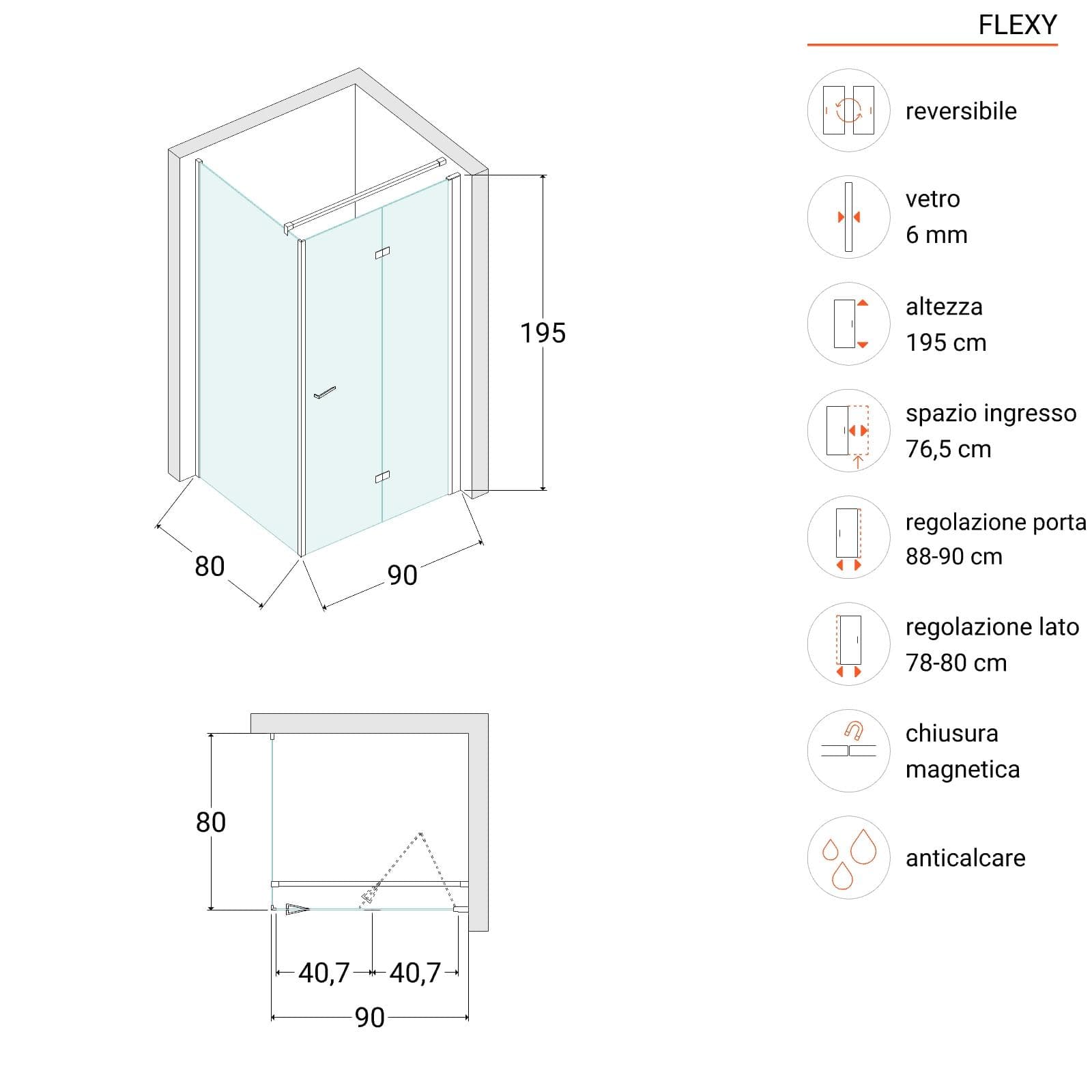 Box doccia 80x90 cm a soffietto vetro anticalcare trasparente e profilo nero opaco 195h - Flexy