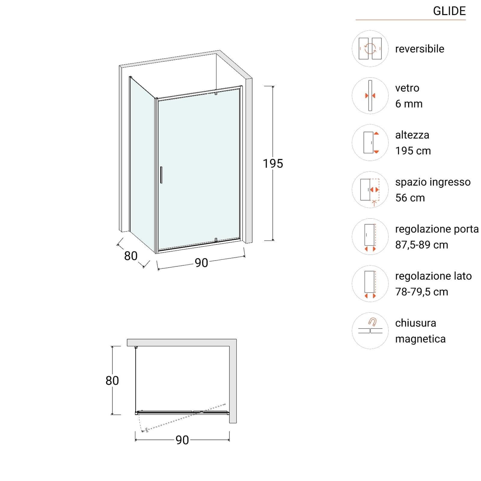 Box doccia 80x90 cm battente vetro trasparente e profilo cromo 195h - Glide
