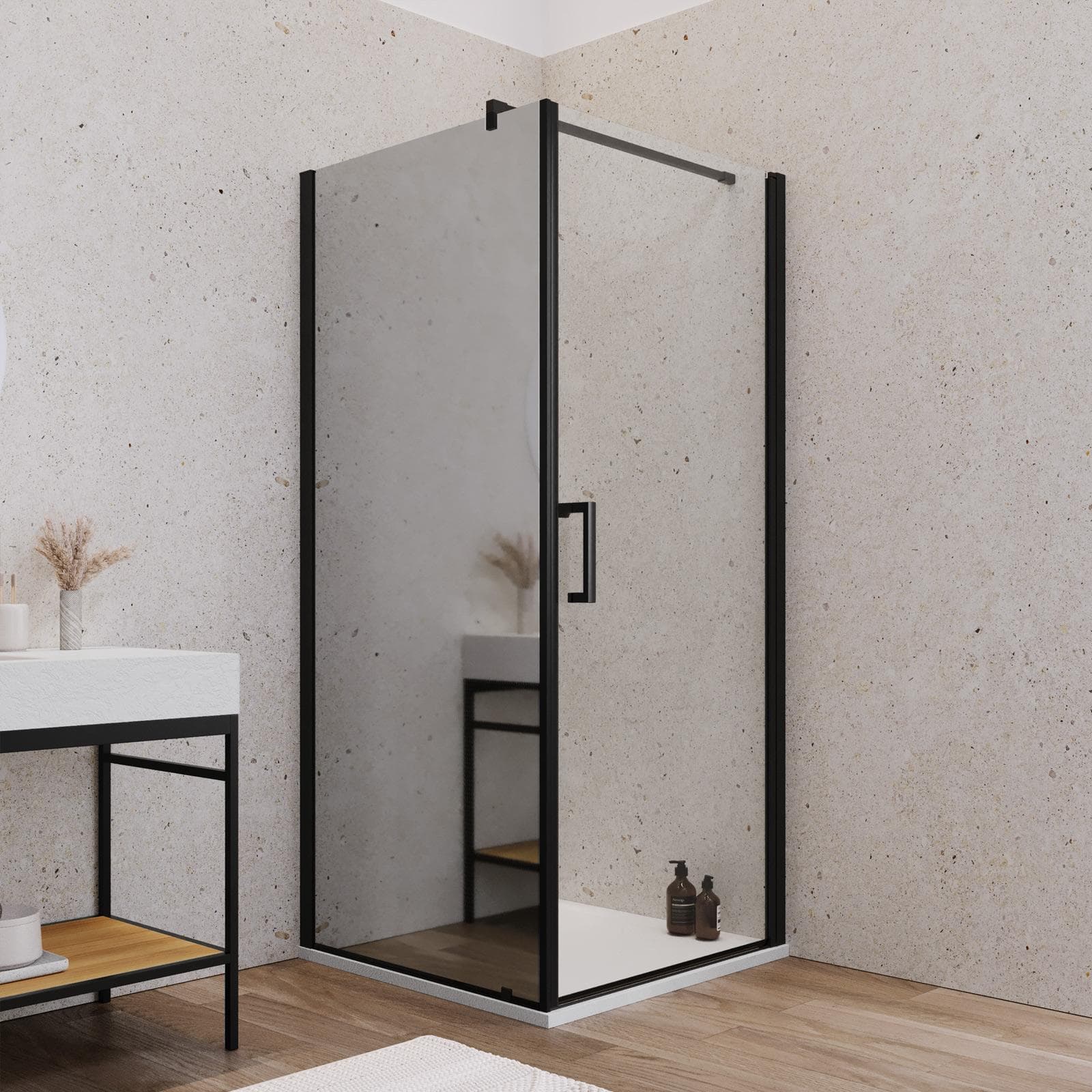 Box doccia 80X90 cm lato fisso specchiato con battente e profilo nero 200h - Artego Duo