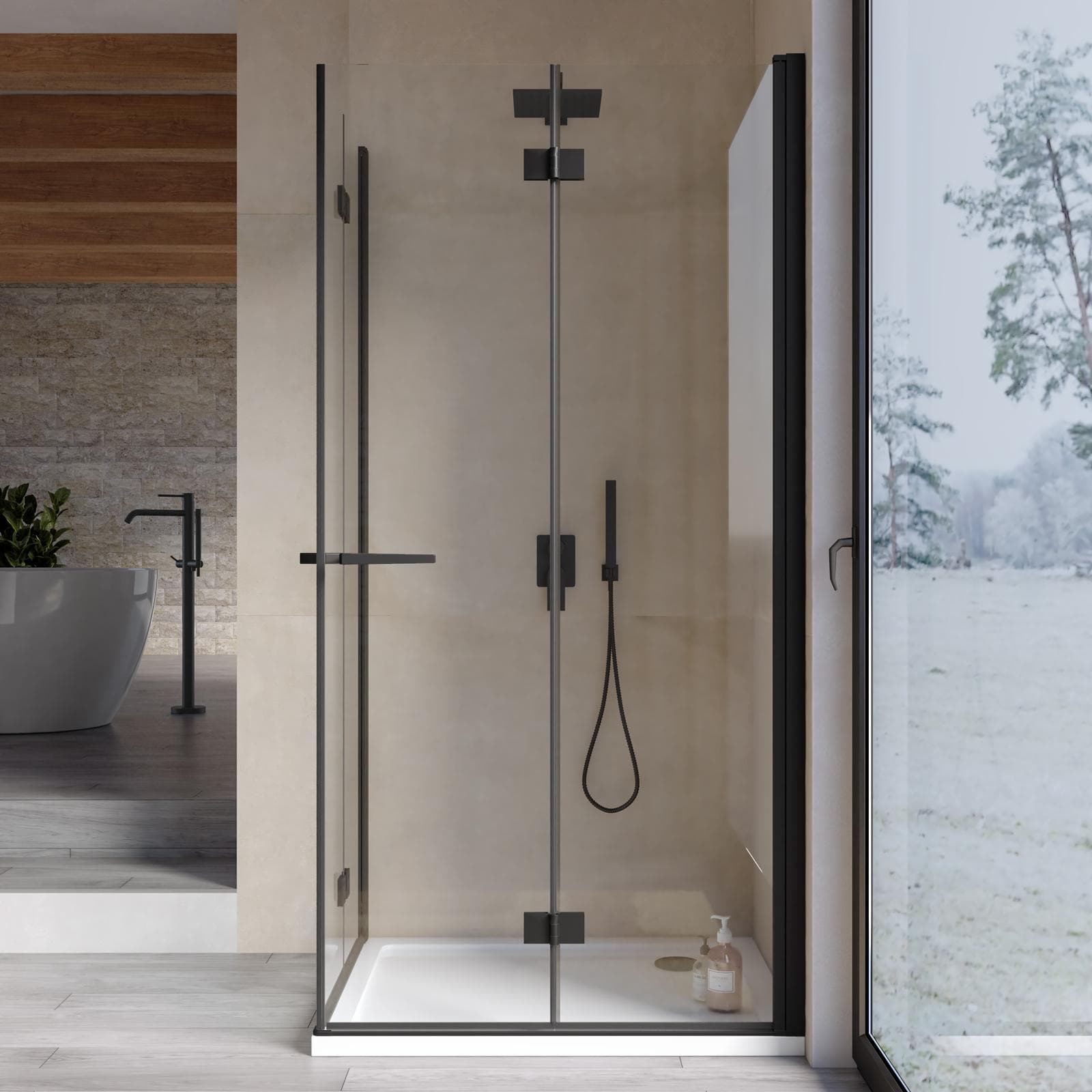 Box doccia 85x100 cm doppio soffietto vetro anticalcare trasparente e profilo nero opaco 195h - Flexy