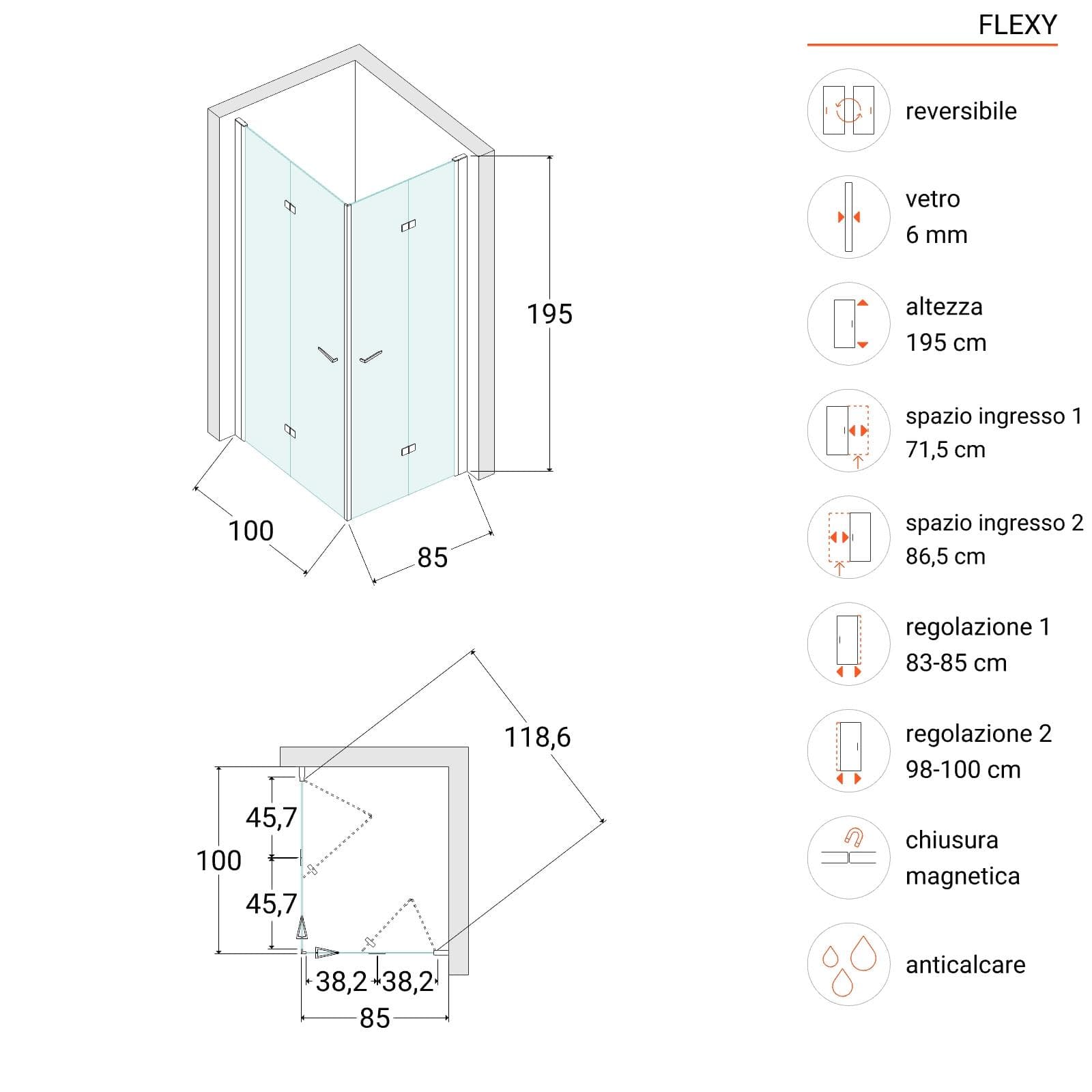 Box doccia 85x100 cm doppio soffietto vetro anticalcare trasparente e profilo nero opaco 195h - Flexy