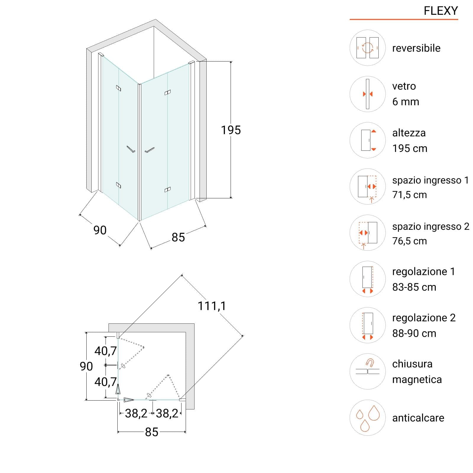 Box doccia 85x90 cm doppio soffietto in vetro anticalcare trasparente profilo cromo 195h - Flexy
