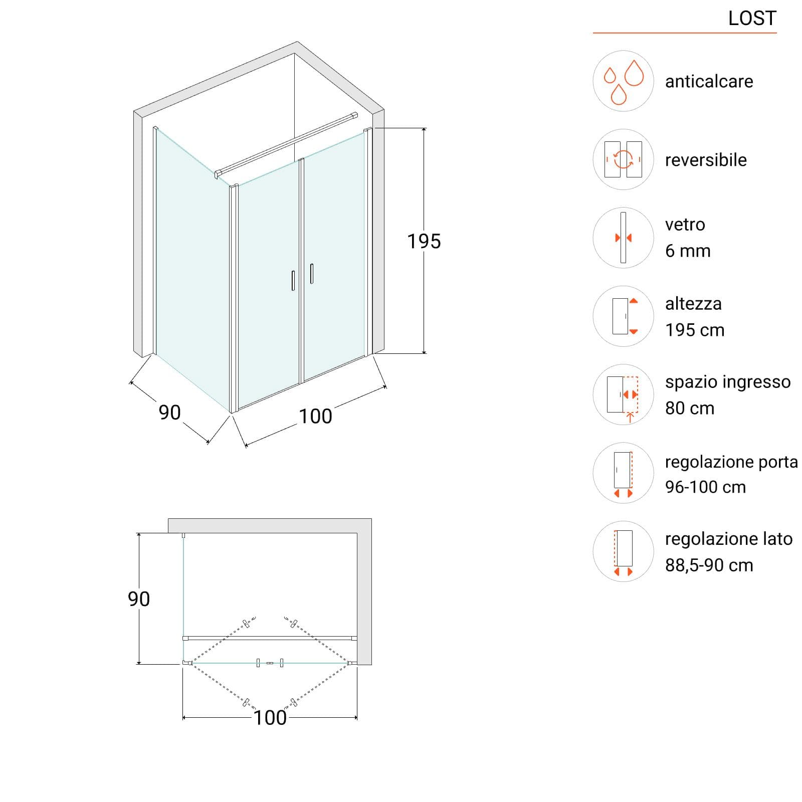 Box doccia 90x100 apertura saloon con vetro anticalcare trasparente e profilo cromo 195h - Lost
