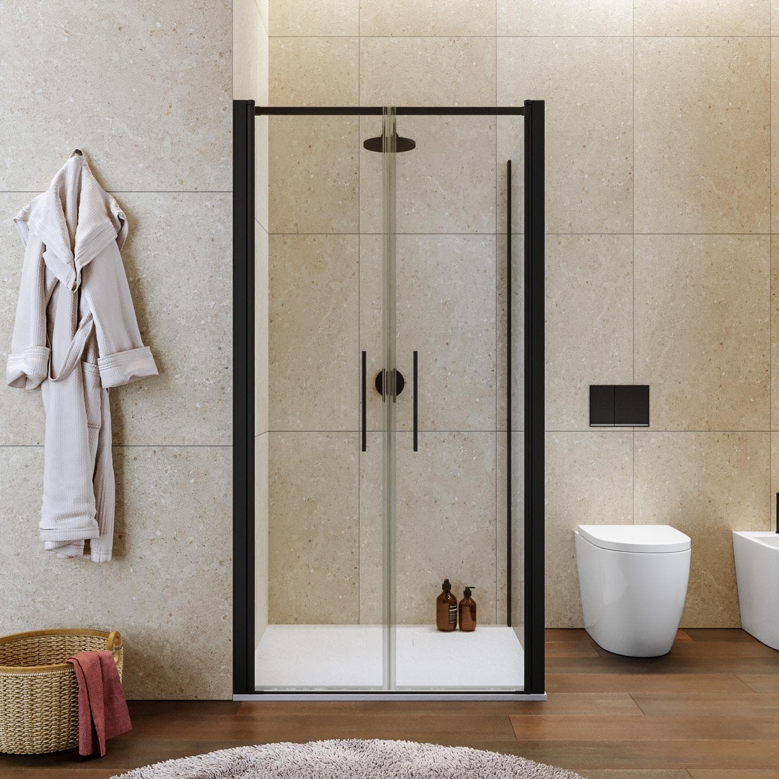Box doccia 90x100 apertura saloon con vetro anticalcare trasparente e profilo nero 195h - Lost