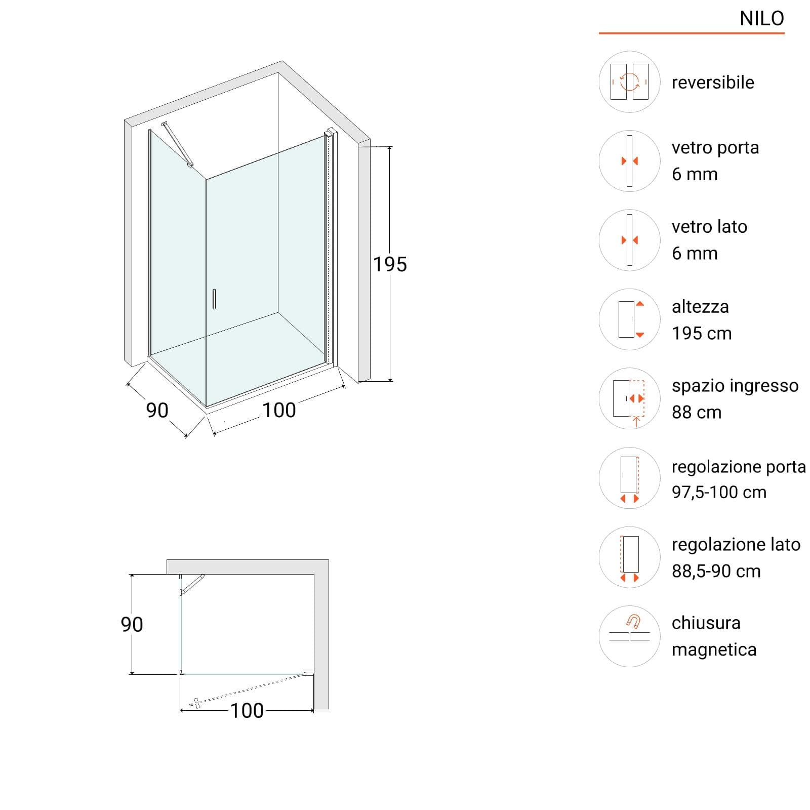 Box doccia 90x100 cm battente in vetro temperato trasparente con profilo nero 195h - Nilo
