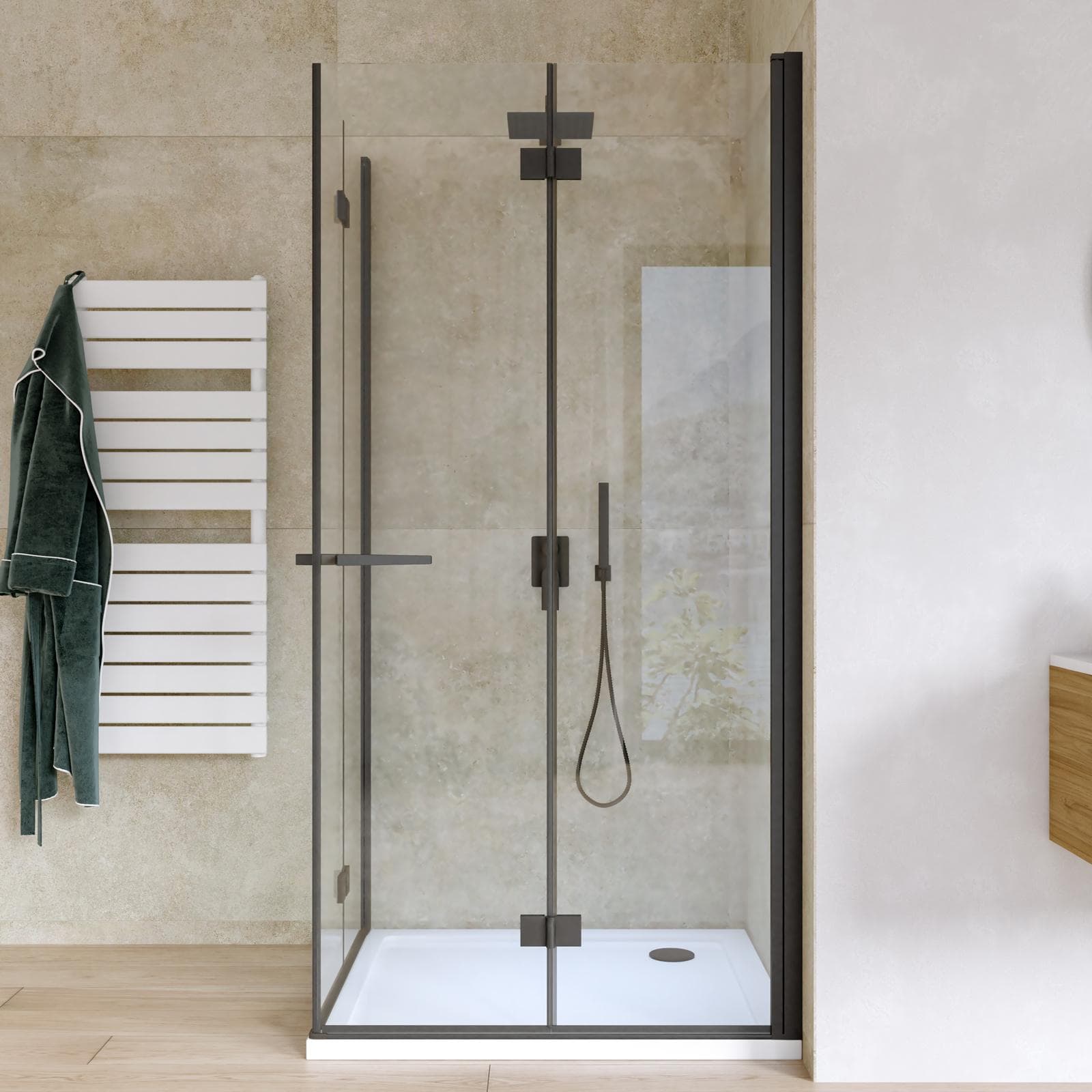 Box doccia 90x100 cm doppio soffietto vetro anticalcare trasparente e profilo nero opaco 195h - Flexy