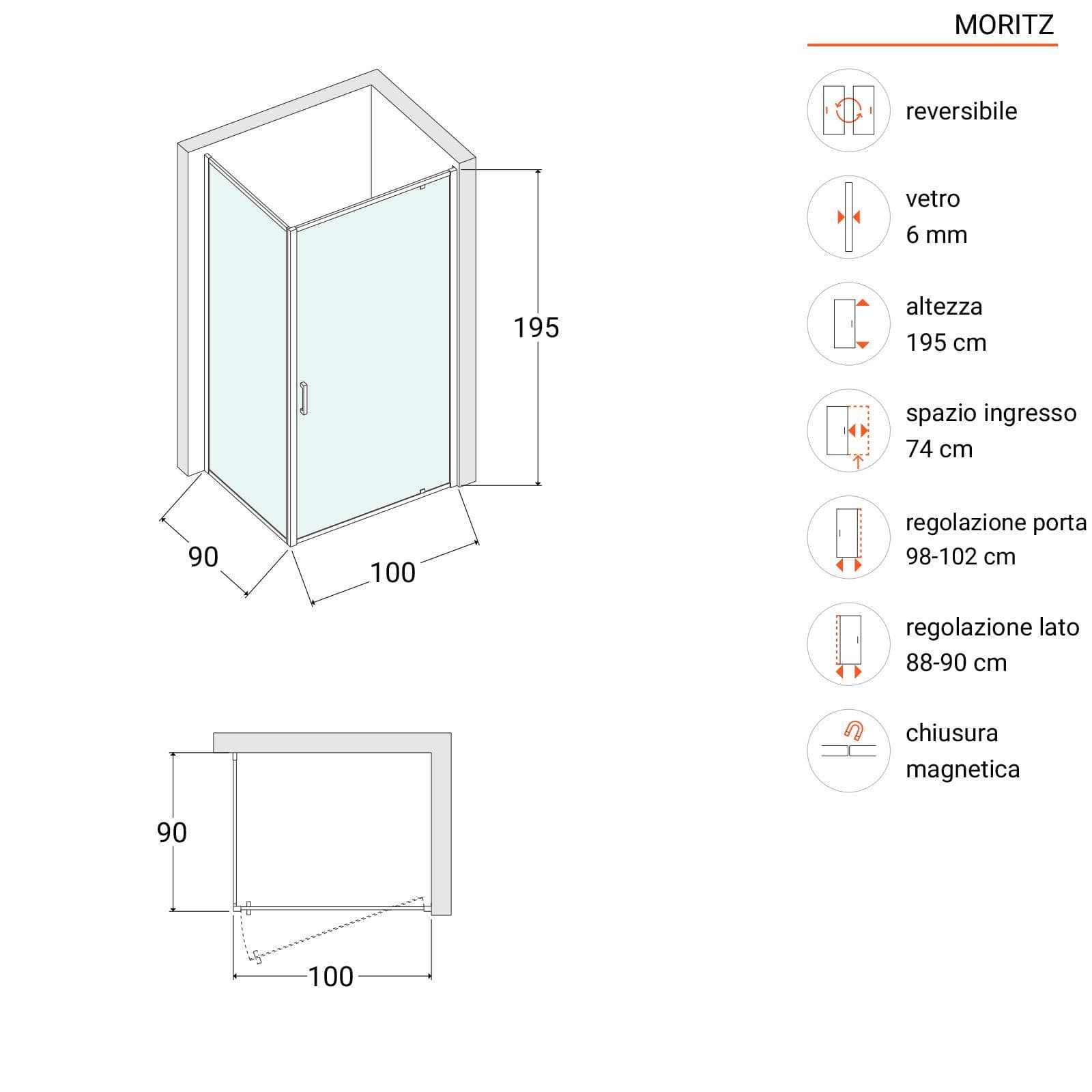 Box doccia 90x100 cm battente vetro trasparente anticalcare profilo cromo 195h - Moritz
