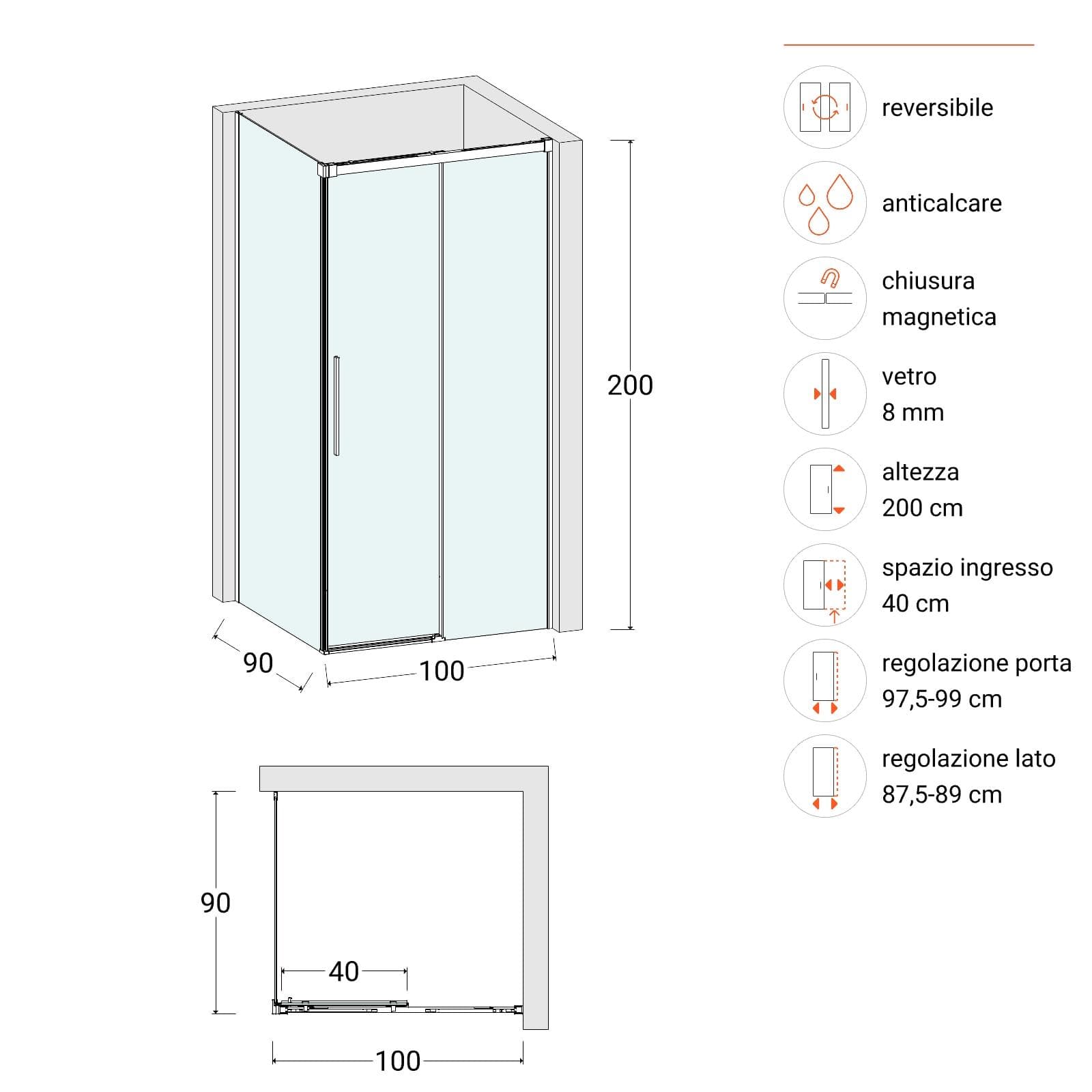 Box doccia 90x100 cm scorrevole vetro anticalcare 8 mm trasparente profilo nero spazzolato 200 h - Alissa