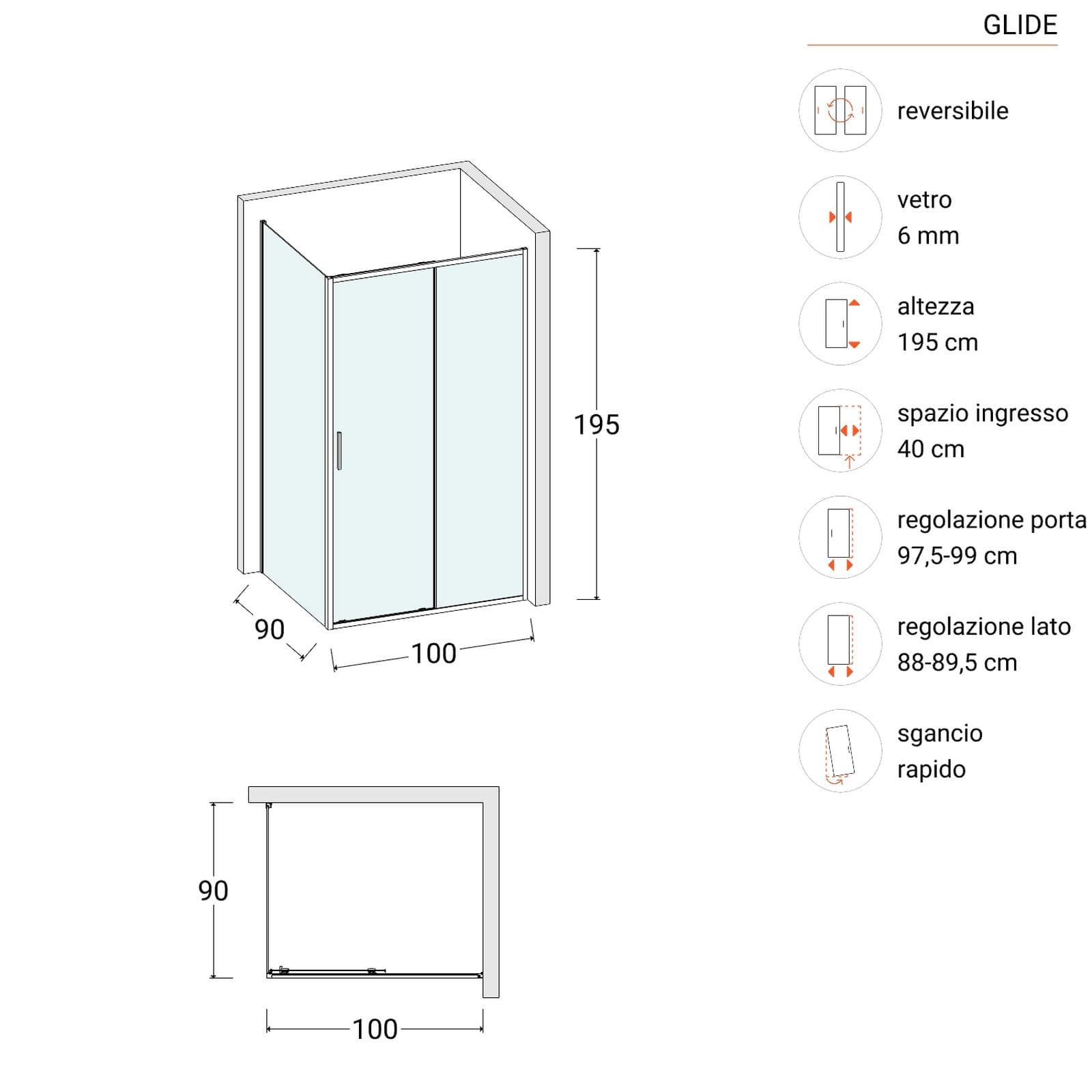Box doccia 90x100 cm scorrevole vetro trasparente e profilo nero opaco 195h - Glide