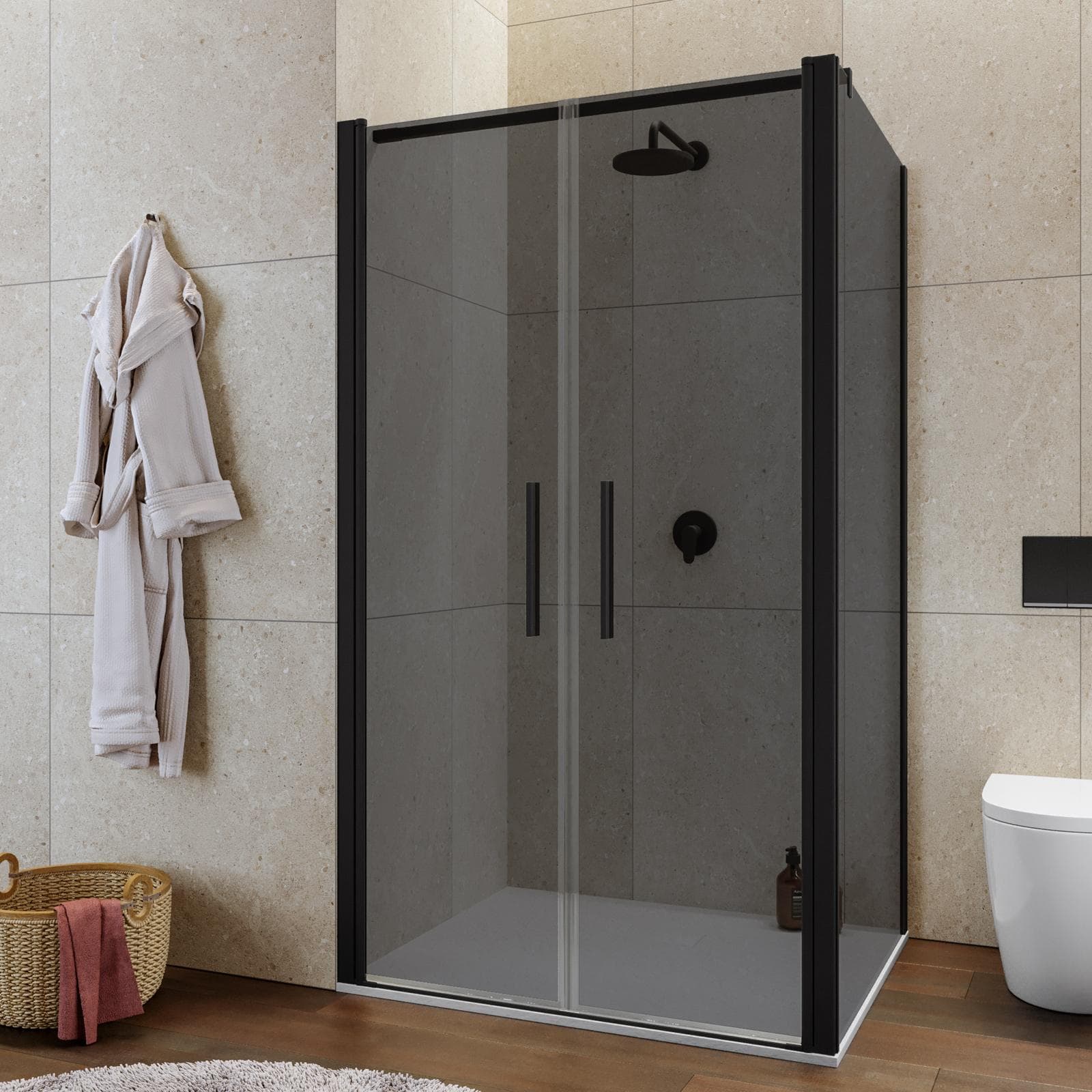 Box doccia 90x115 apertura saloon con vetro anticalcare fumè e profilo nero 195h - Lost