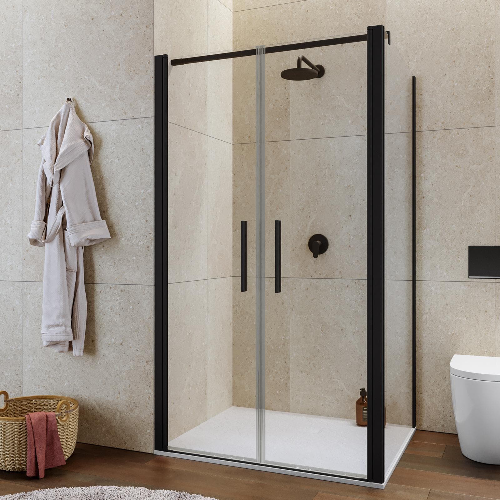 Box doccia 90x115 apertura saloon con vetro anticalcare trasparente e profilo nero 195h - Lost