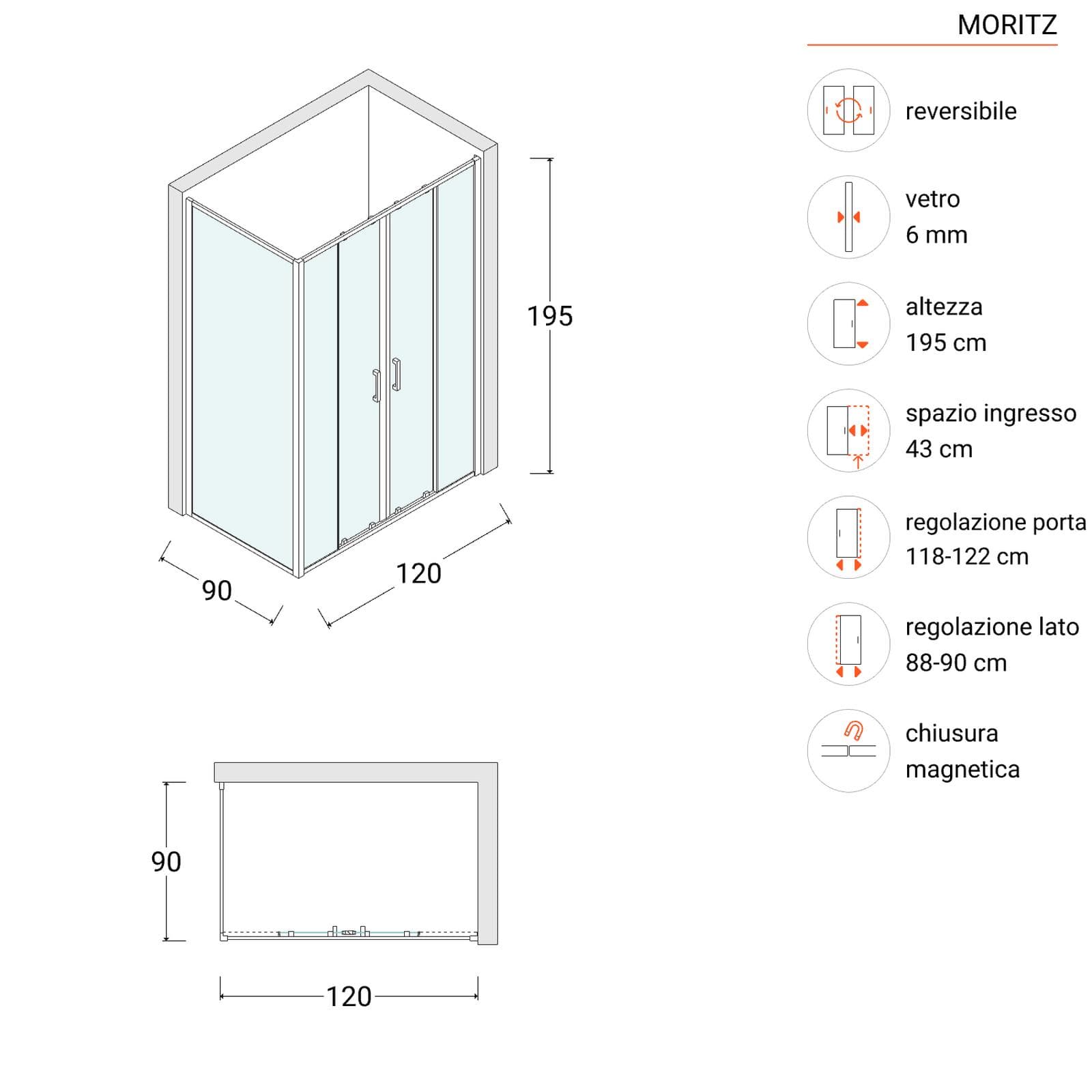Box doccia 90x120 cm doppio scorrevole vetro opaco profilo cromo 195h - Moritz