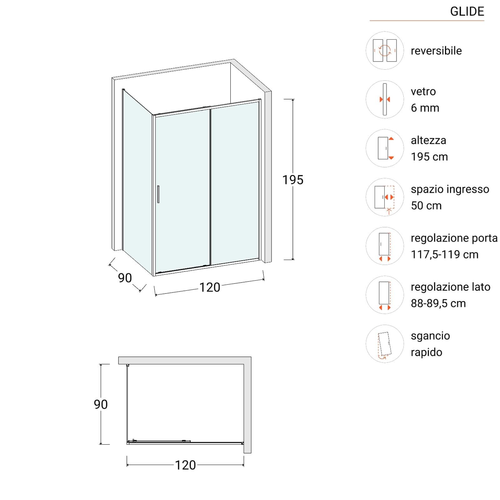 Box doccia 90x120 cm scorrevole vetro trasparente e profilo nero opaco 195h - Glide