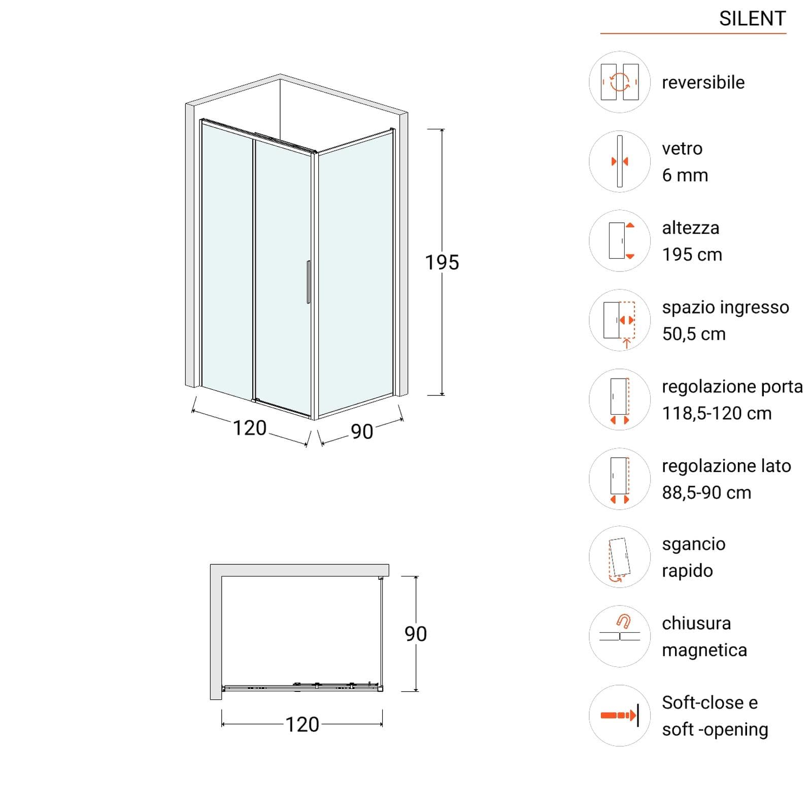 Box doccia 90x120 cm scorrevole vetro trasparente e profilo nero opaco 195h - Silent
