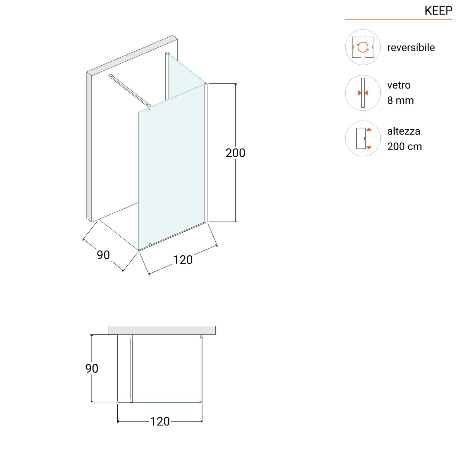 Box doccia walk-in 90x120 cm angolare con vetro trasparente e profilo cromo 200h - Keep