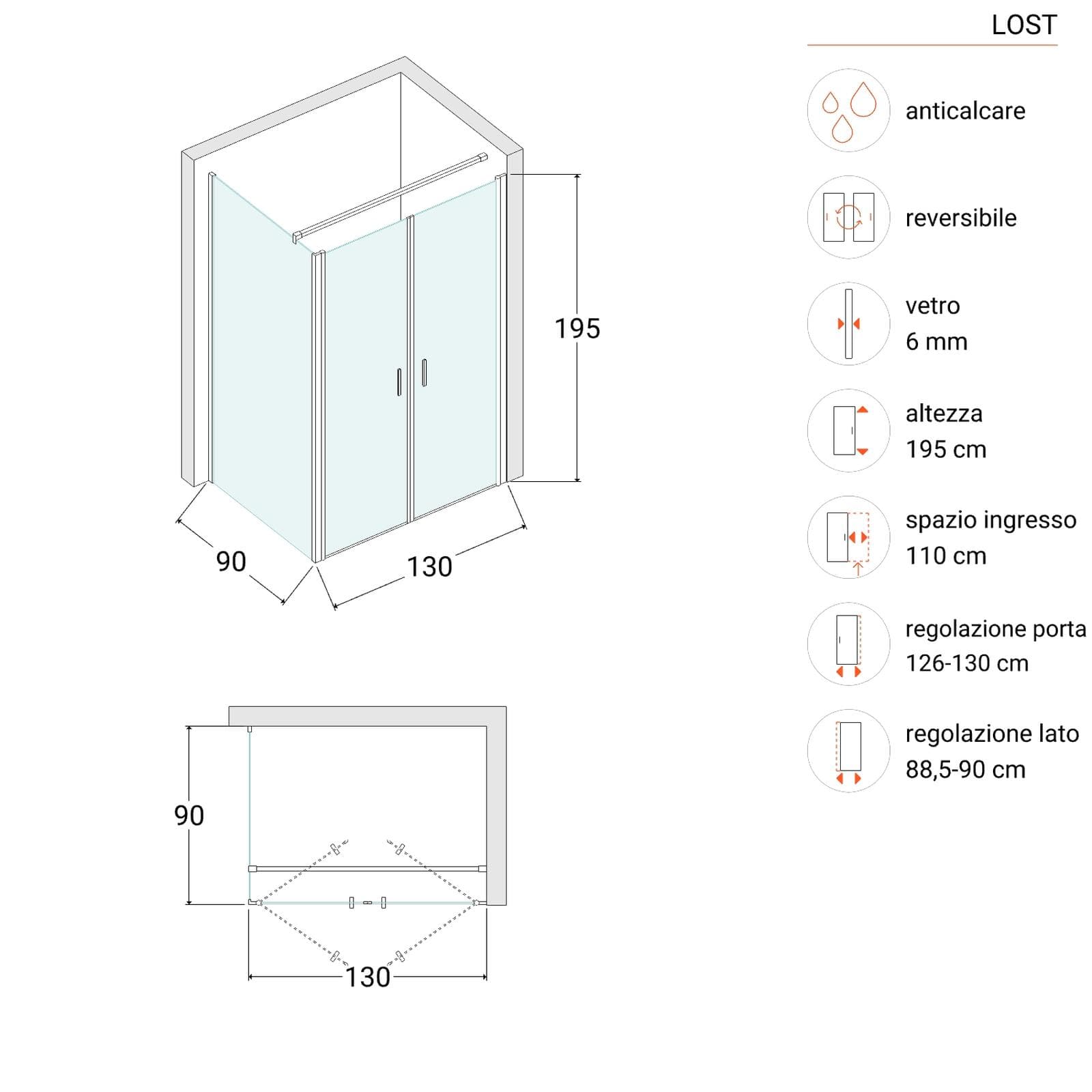 Box doccia 90x130 apertura saloon con vetro anticalcare trasparente e profilo nero 195h - Lost