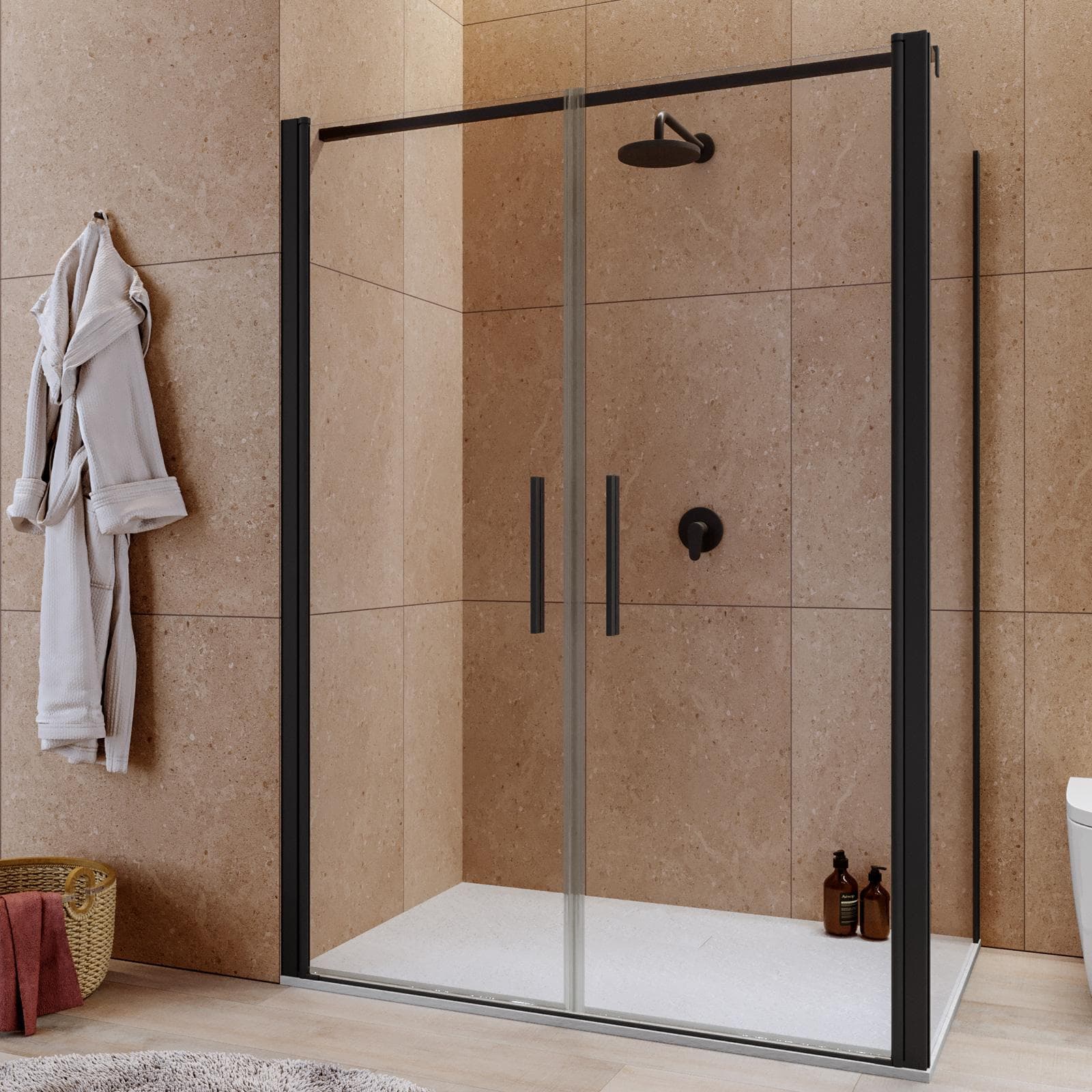Box doccia 90x140 apertura saloon con vetro anticalcare trasparente e profilo nero 195h - Lost