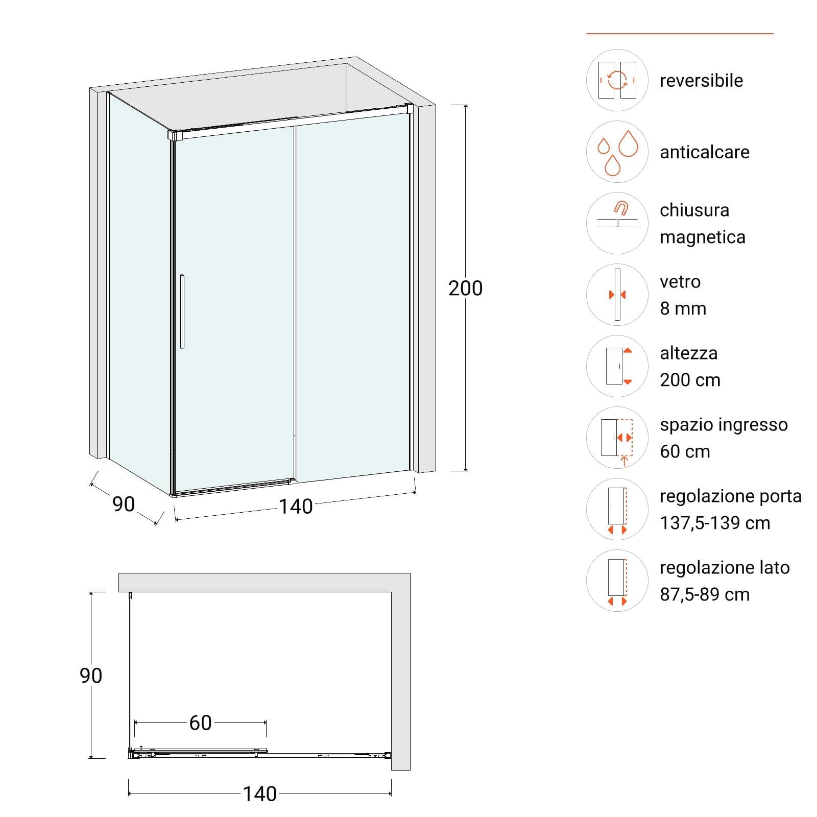 Box doccia 90x140 cm scorrevole vetro anticalcare 8 mm trasparente profilo spazzolato 200 h - Alissa