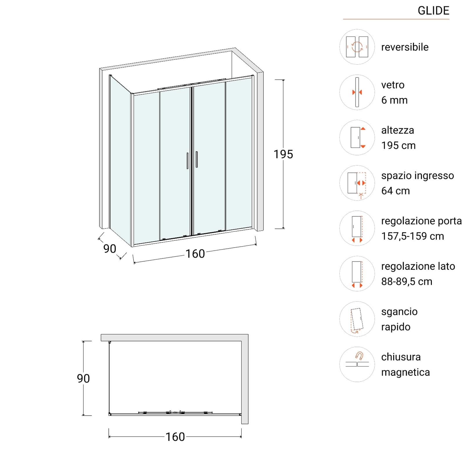 Box doccia 90x160 cm doppio scorrevole vetro trasparente e profilo cromo 195h - Glide