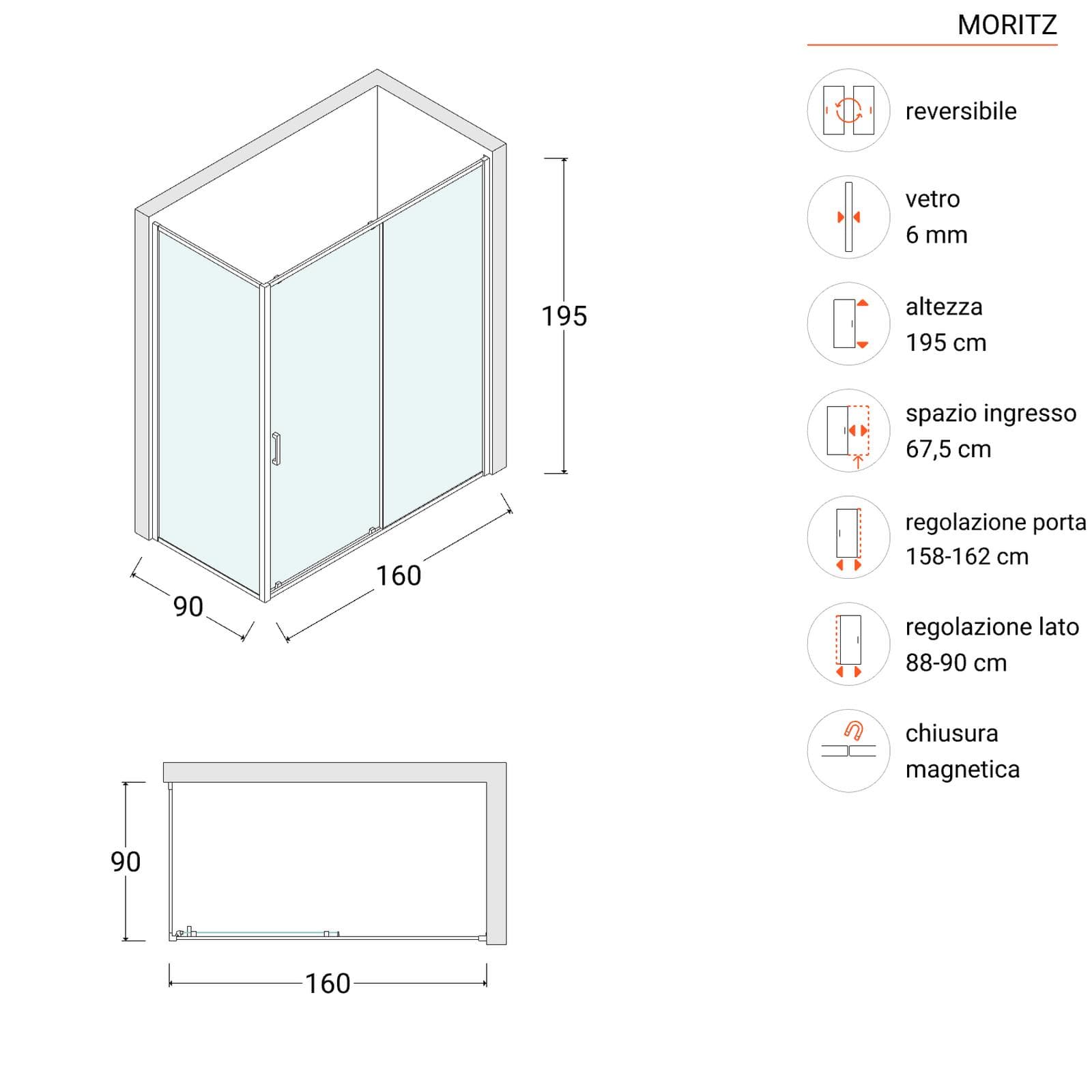 Box doccia 90x160 cm scorrevole vetro trasparente anticalcare profilo cromo 195h - Moritz