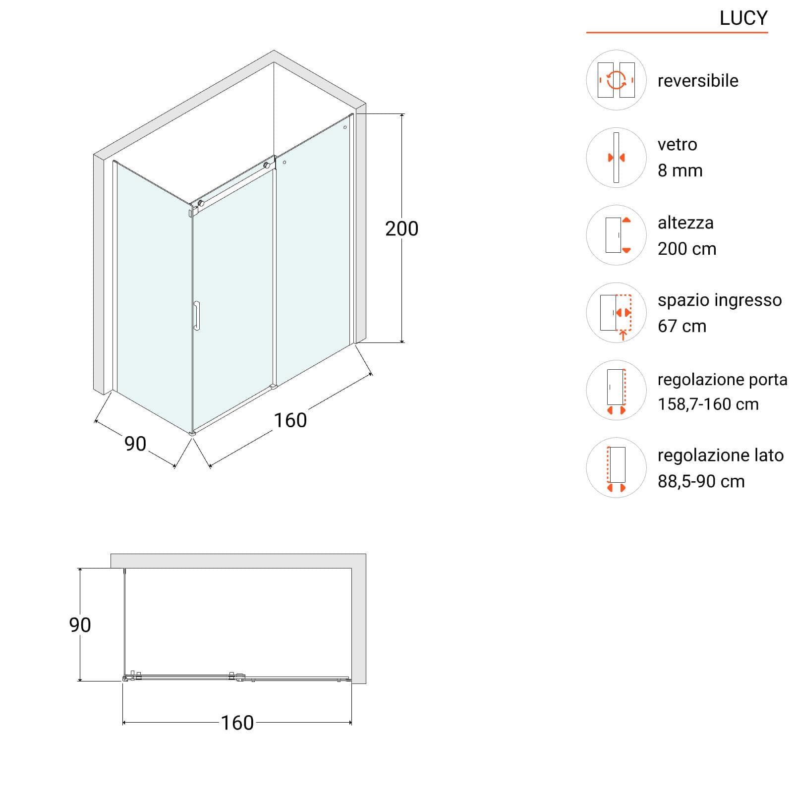 Box doccia 90x160 cm scorrevole in vetro anticalcare trasparente e profilo cromo 200h - Lucy