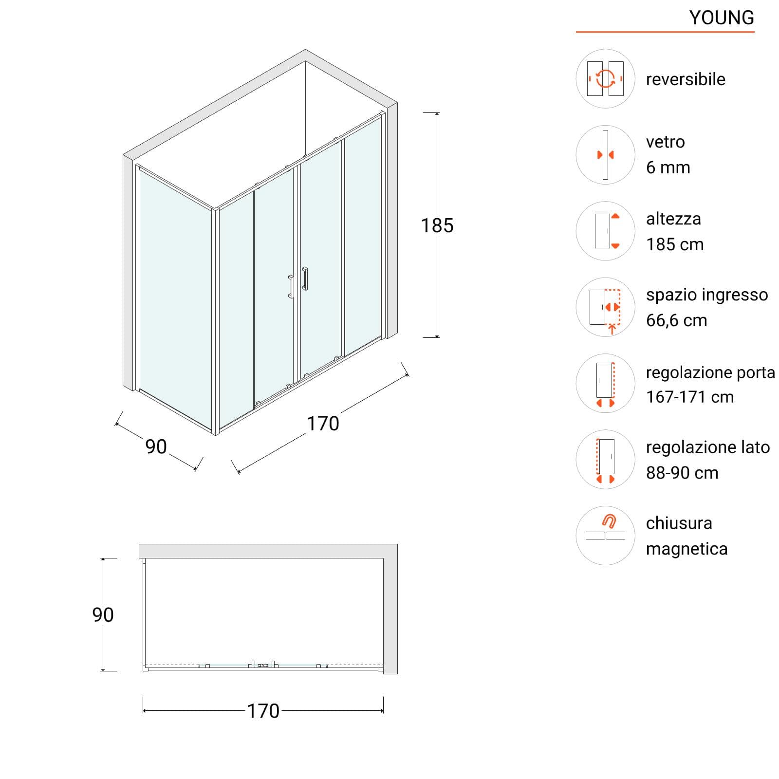 Box doccia 90x170 cm doppio scorrevole vetro temperato 6mm stampato 185h - Young