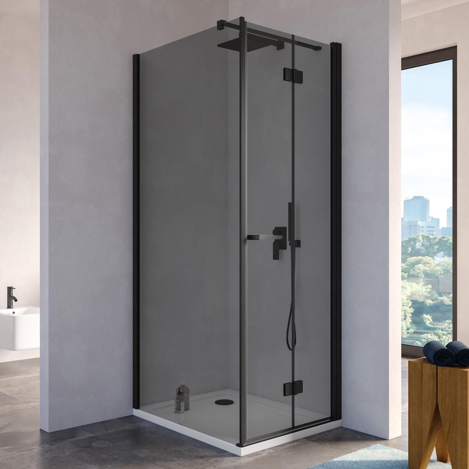 Box doccia 90x70 cm a soffietto vetro anticalcare fumé e profilo nero opaco 195h - Flexy