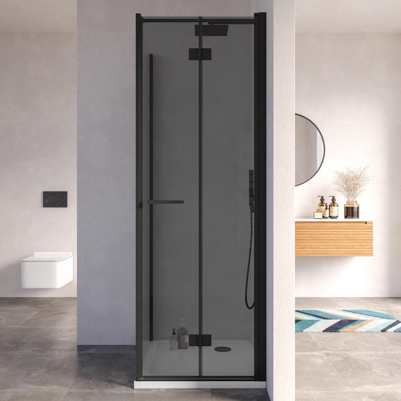 Box doccia 90x70 cm a soffietto vetro anticalcare fumé e profilo nero opaco 195h - Flexy