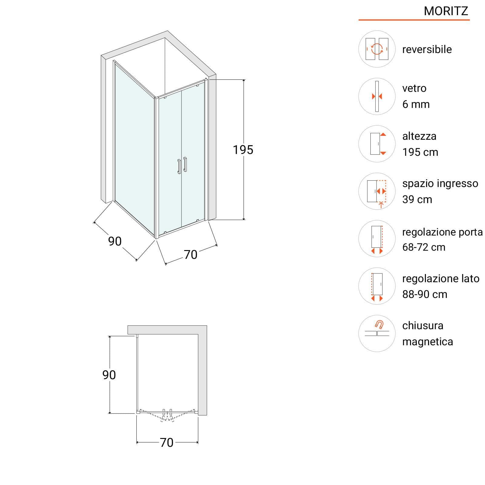 Box doccia 90x70 cm doppio battente vetro trasparente anticalcare profilo cromo 195h - Moritz