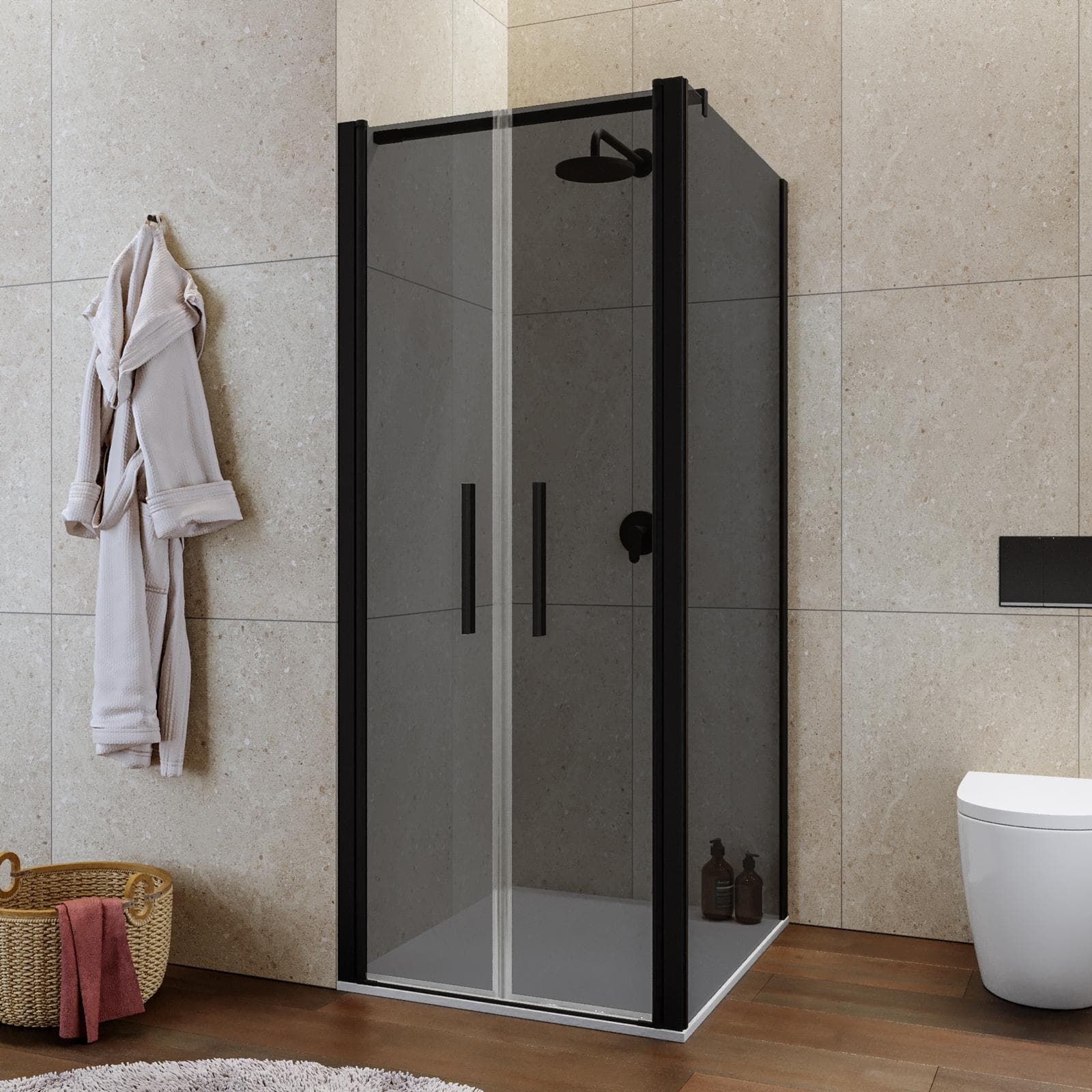 Box doccia 90x80 apertura saloon con vetro anticalcare fumè e profilo nero 195h - Lost