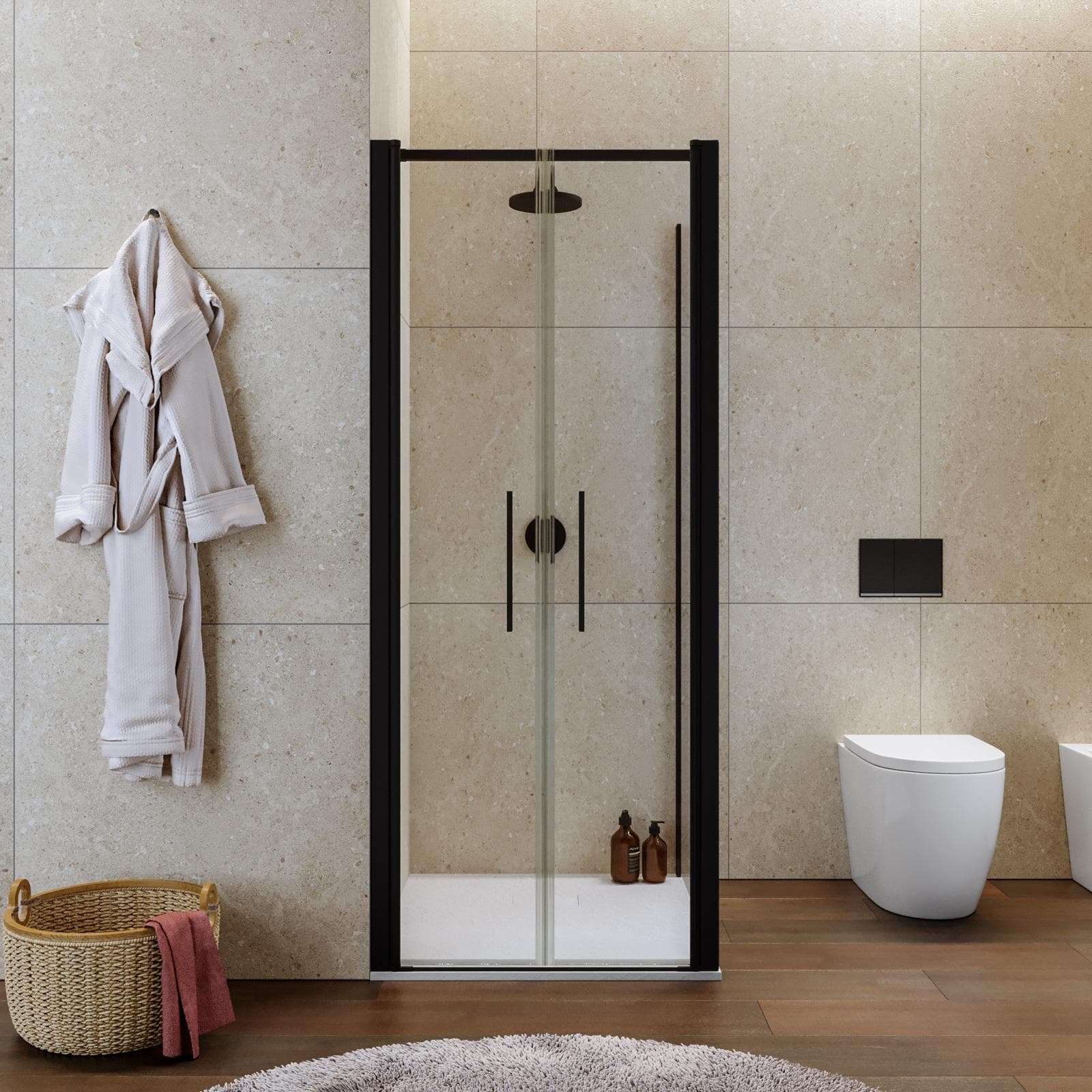 Box doccia 90x80 apertura saloon con vetro anticalcare trasparente e profilo nero 195h - Lost