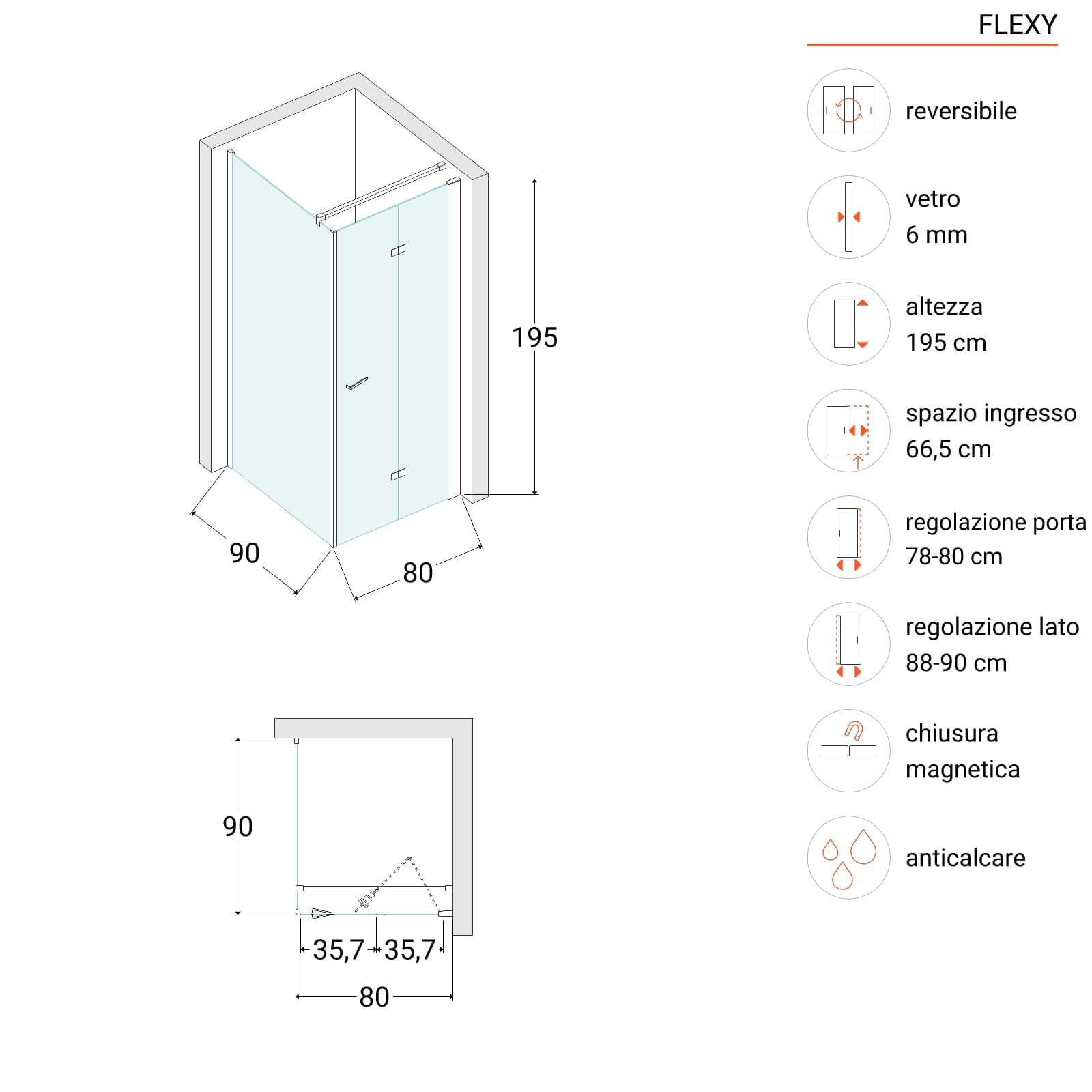 Box doccia 90x80 cm a soffietto in vetro anticalcare opaco e profilo cromo 195h - Flexy