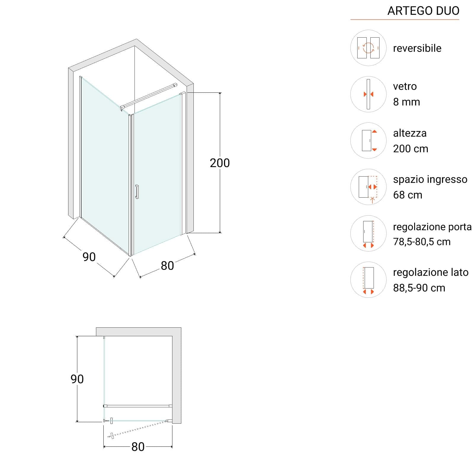 Box doccia 90X80 cm lato fisso specchiato con battente e profilo nero 200h - Artego Duo