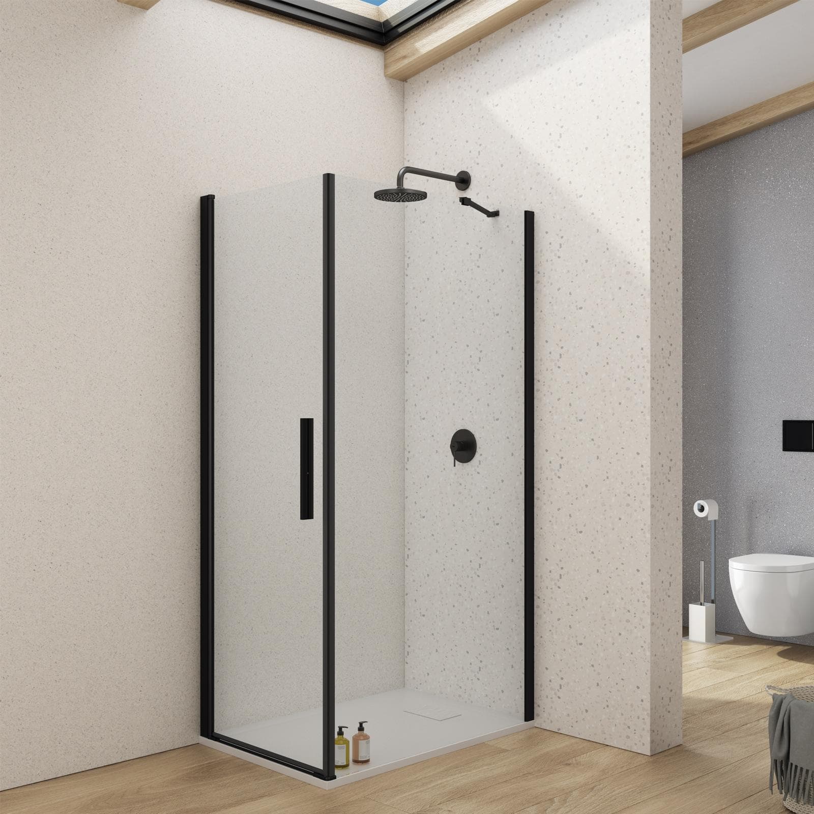 Box doccia 90X85 cm battente con vetro temperato trasparente e profilo nero opaco 195h - Nilo