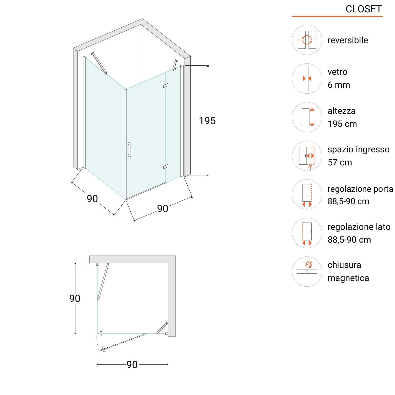 Box doccia 90x90 cm battente vetro temperato anticalcare 195h - Closet