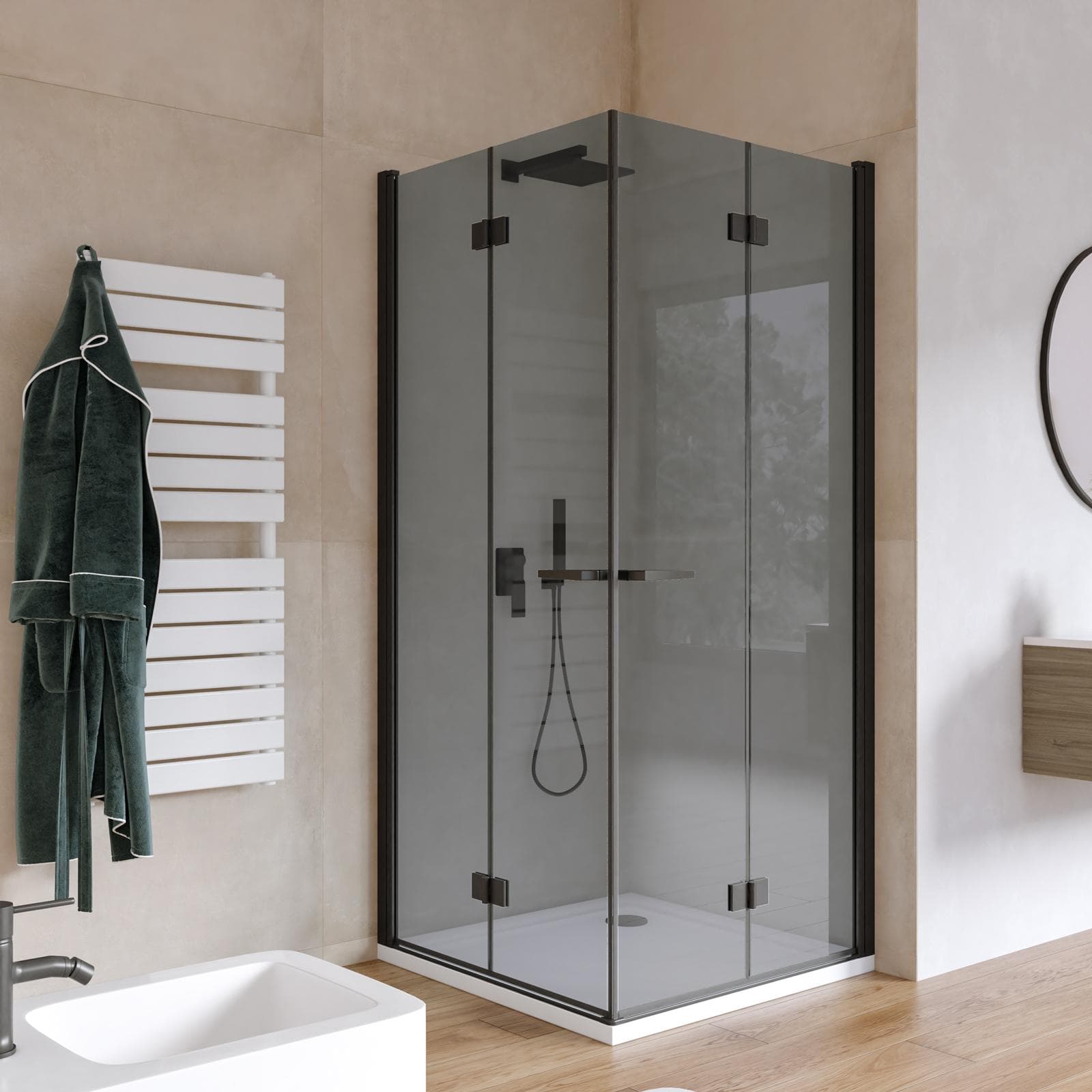 Box doccia 90x90 cm doppio soffietto vetro anticalcare fumè e profilo nero opaco 195h - Flexy