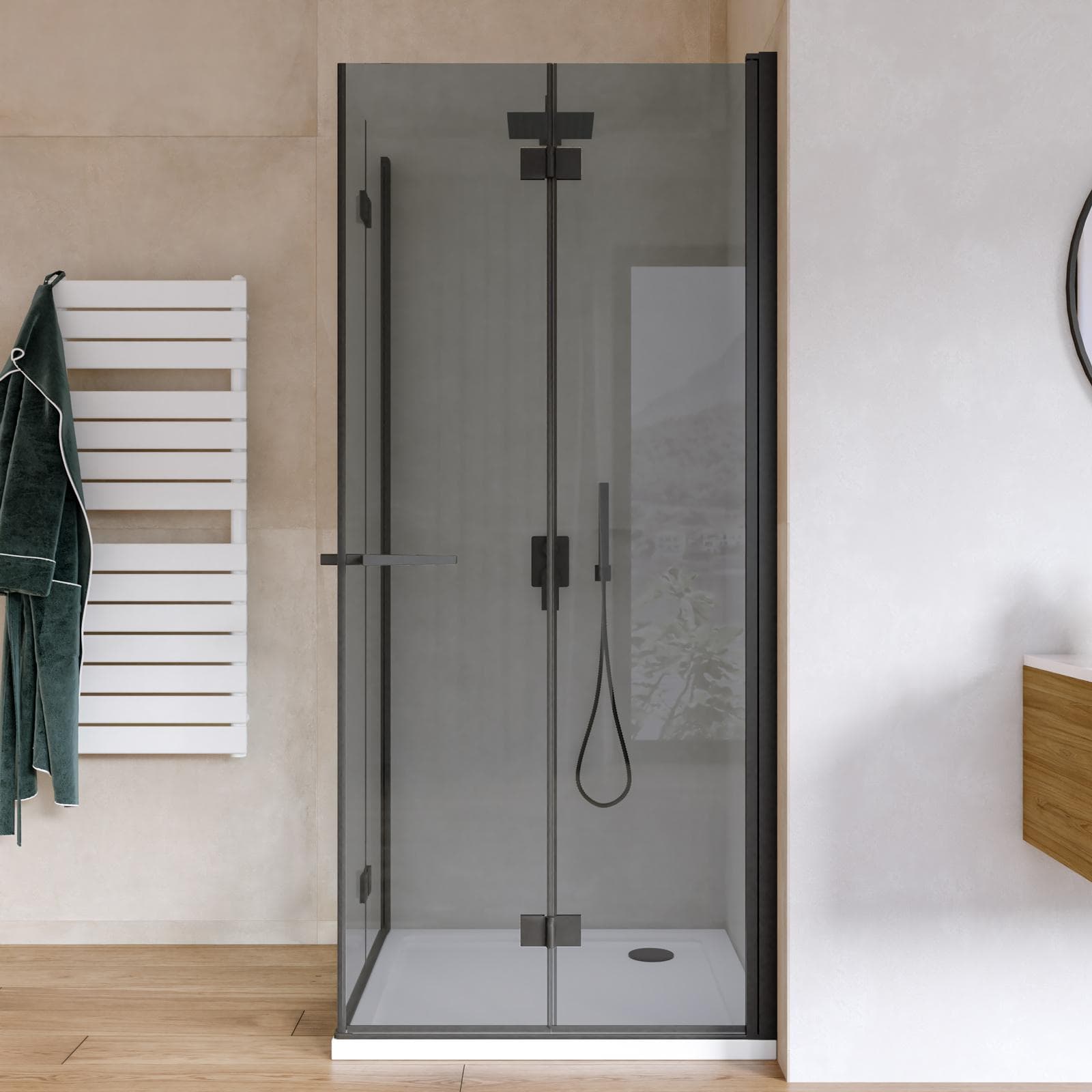 Box doccia 90x90 cm doppio soffietto vetro anticalcare fumè e profilo nero opaco 195h - Flexy