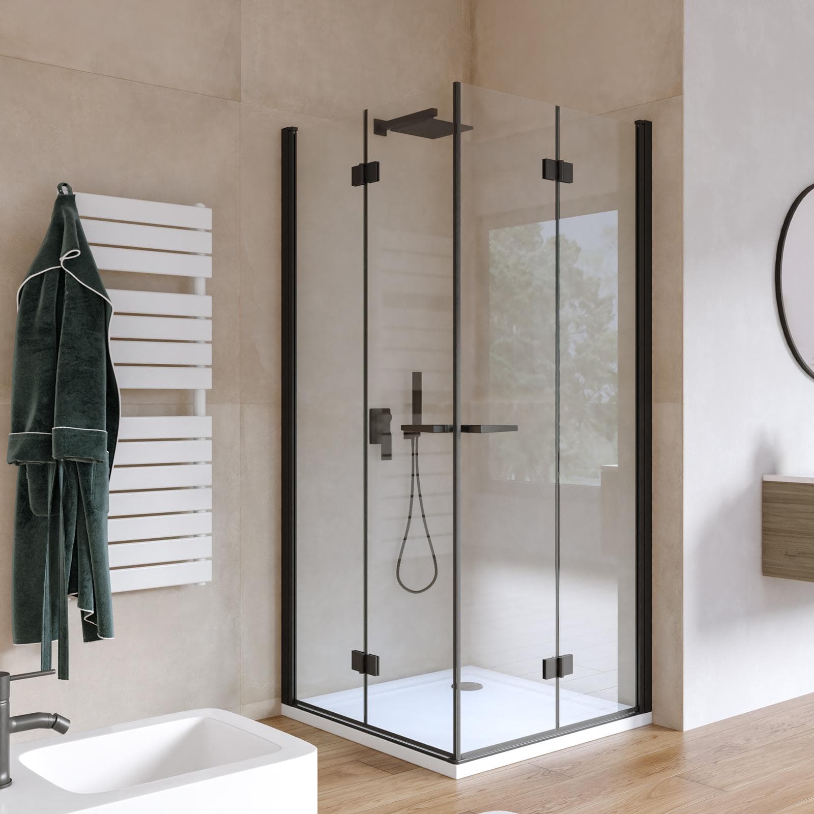 Box doccia 90x90 cm doppio soffietto vetro anticalcare trasparente e profilo nero opaco 195h - Flexy