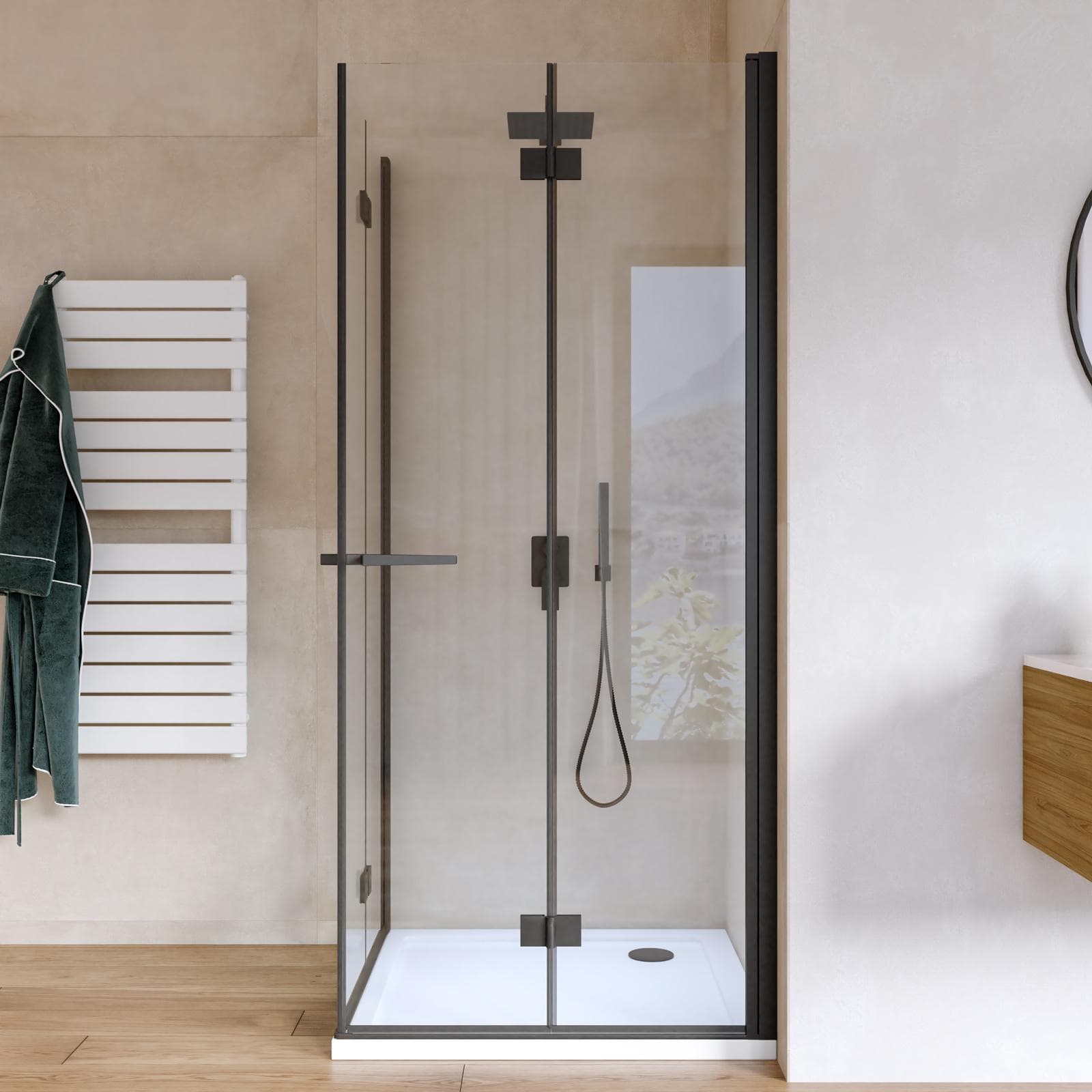 Box doccia 90x90 cm doppio soffietto vetro anticalcare trasparente e profilo nero opaco 195h - Flexy