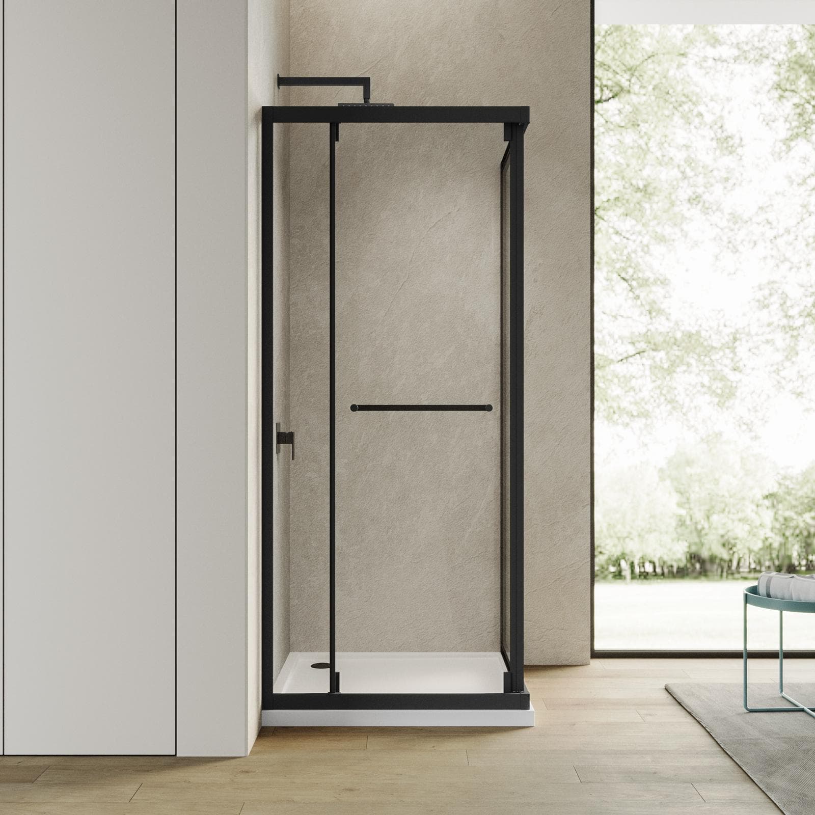 Box doccia 90x90 cm rototraslante con vetro temperato trasparente e profilo nero 195h - Nook